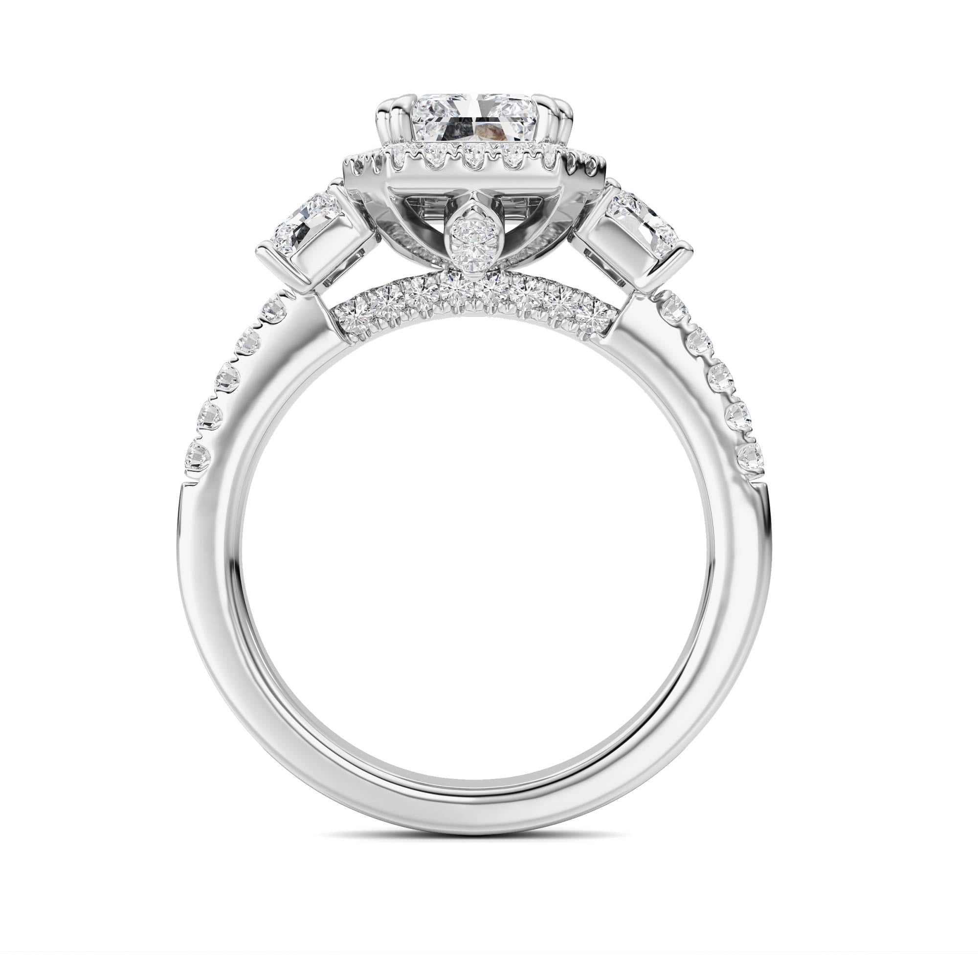 3CTW Radiant Shaped Lab Grown Diamond (F/VS) Accented Three Stone Ring in 14K Gold