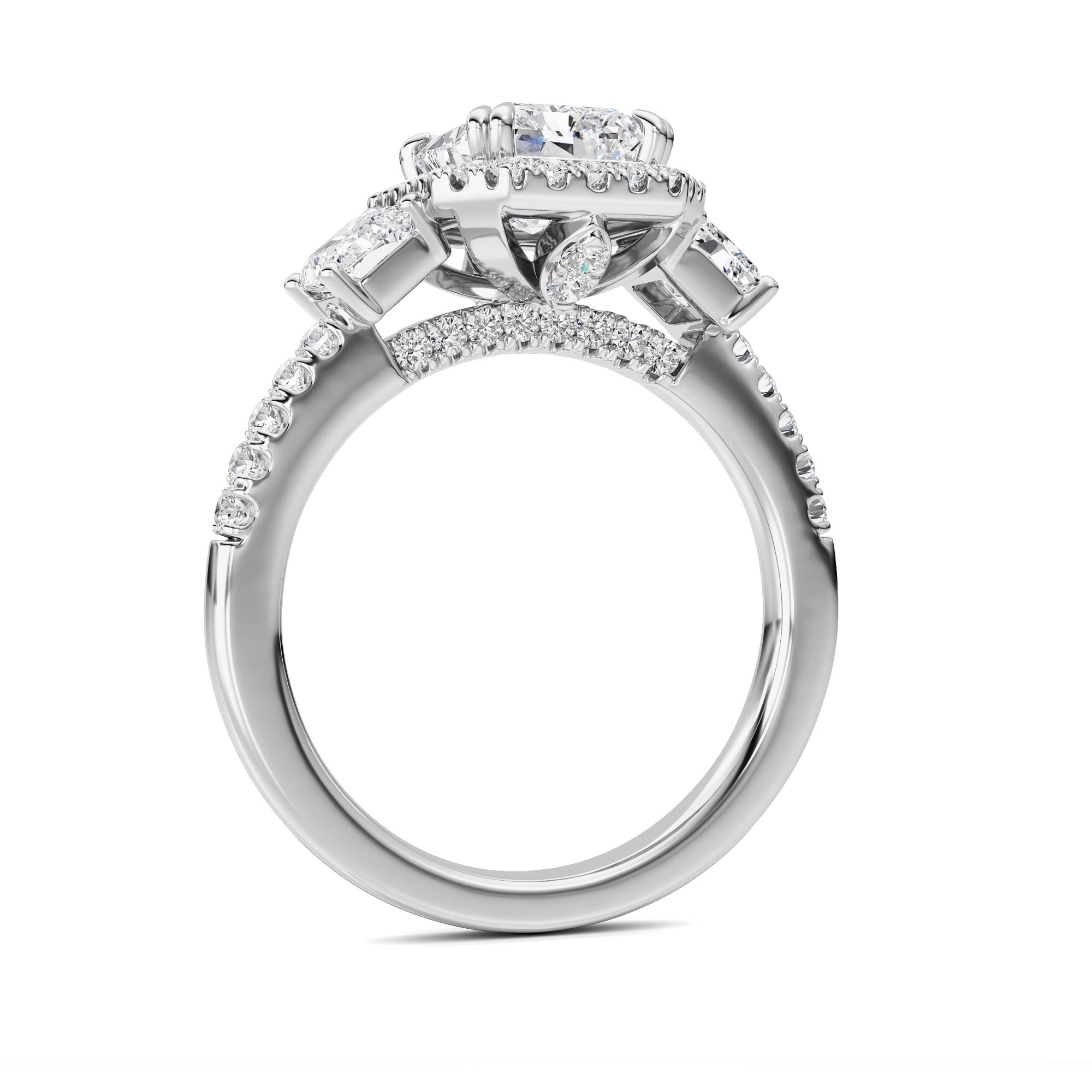 3CTW Radiant Shaped Lab Grown Diamond (F/VS) Accented Three Stone Ring in 14K Gold