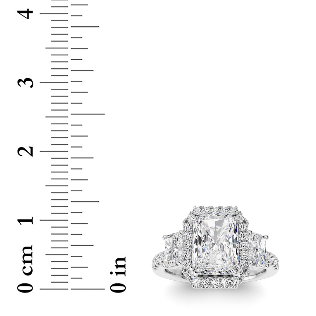 3CTW Radiant Shaped Lab Grown Diamond (F/VS) Accented Three Stone Ring in 14K Gold