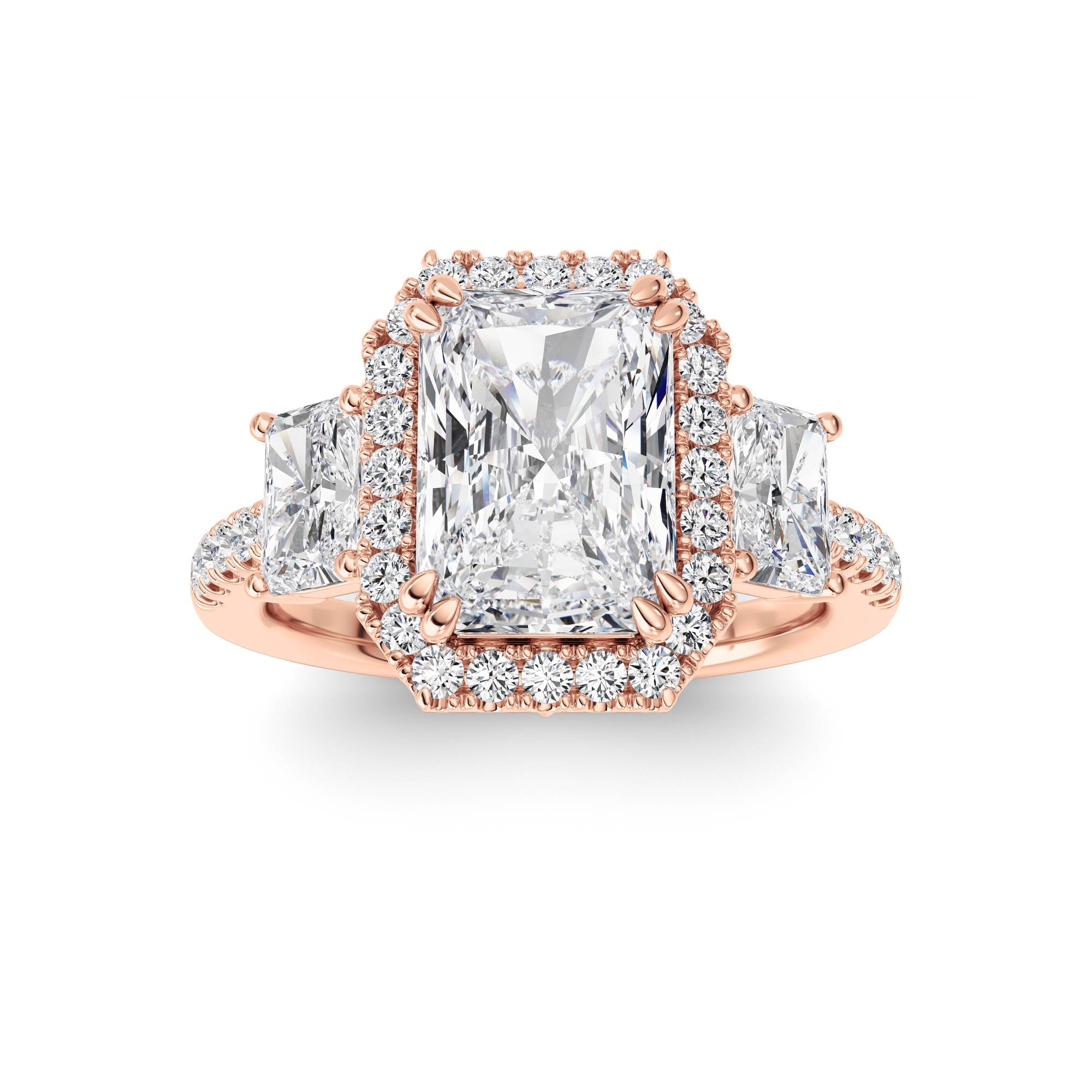 3CTW Radiant Shaped Lab Grown Diamond (F/VS) Accented Three Stone Ring in 14K Gold