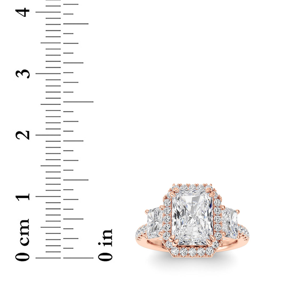 3CTW Radiant Shaped Lab Grown Diamond (F/VS) Accented Three Stone Ring in 14K Gold