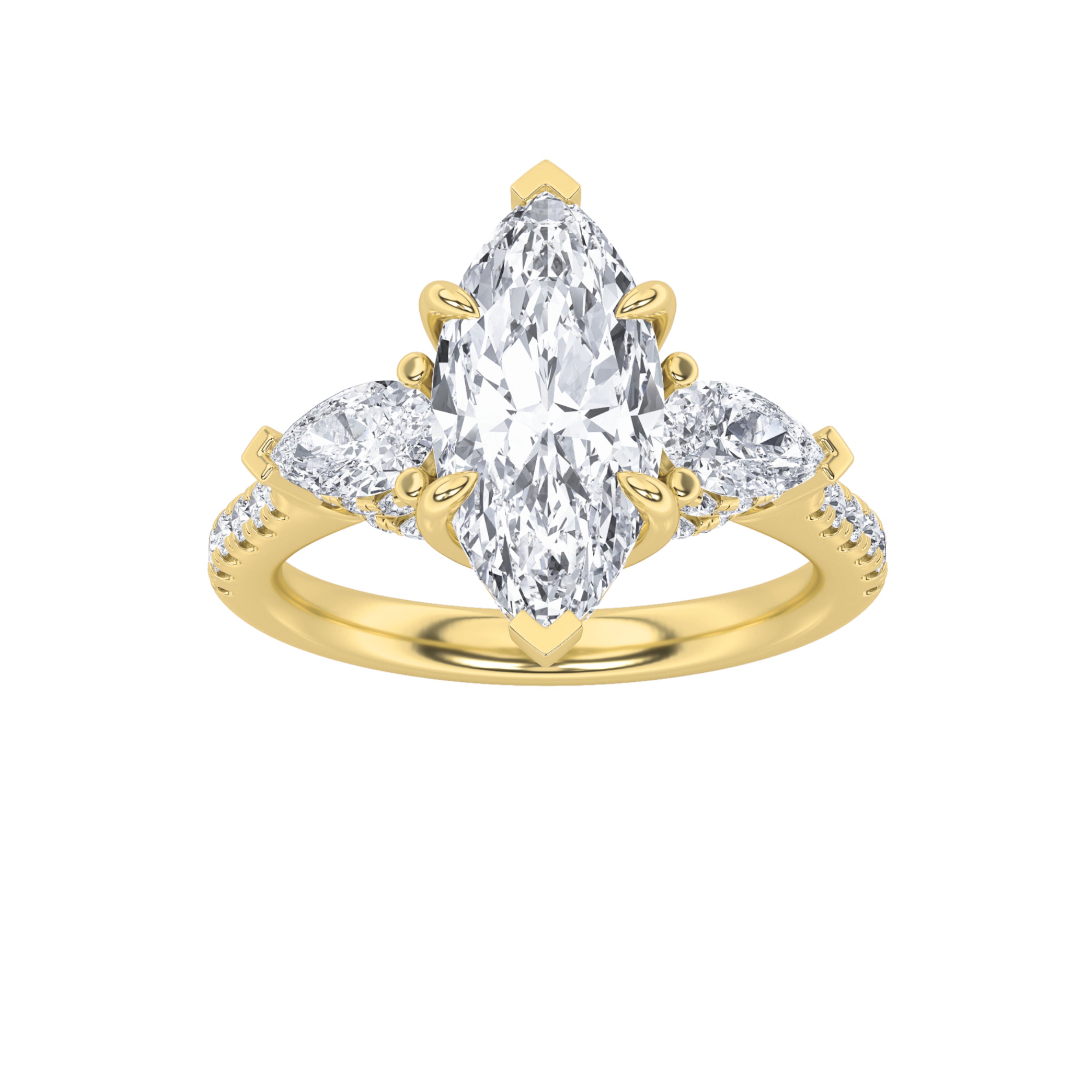 3CTW Marquise Shaped Lab Grown Diamond (F/VS) Three Stone Accented Engagement Ring in 14K Gold