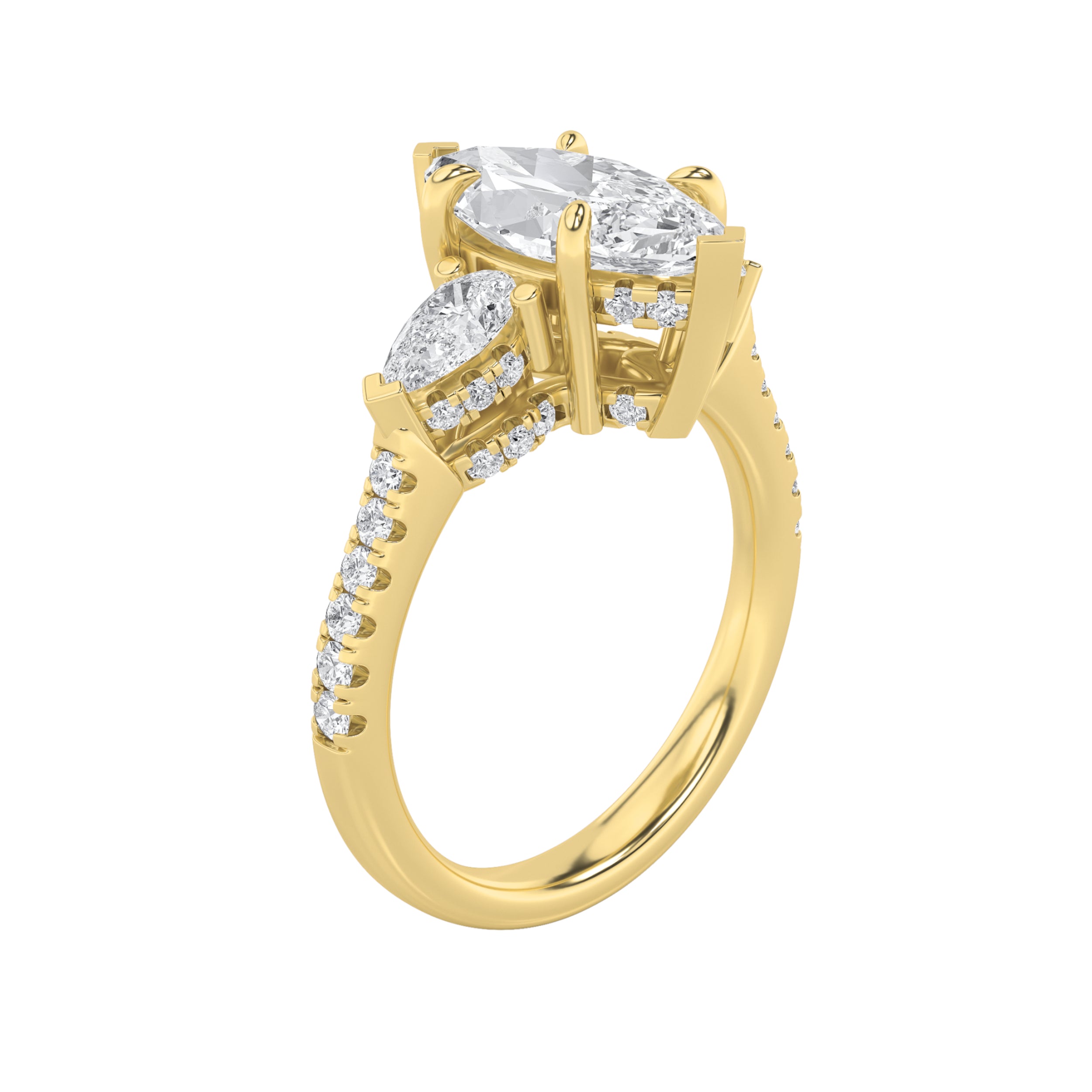 3CTW Marquise Shaped Lab Grown Diamond (F/VS) Three Stone Accented Engagement Ring in 14K Gold