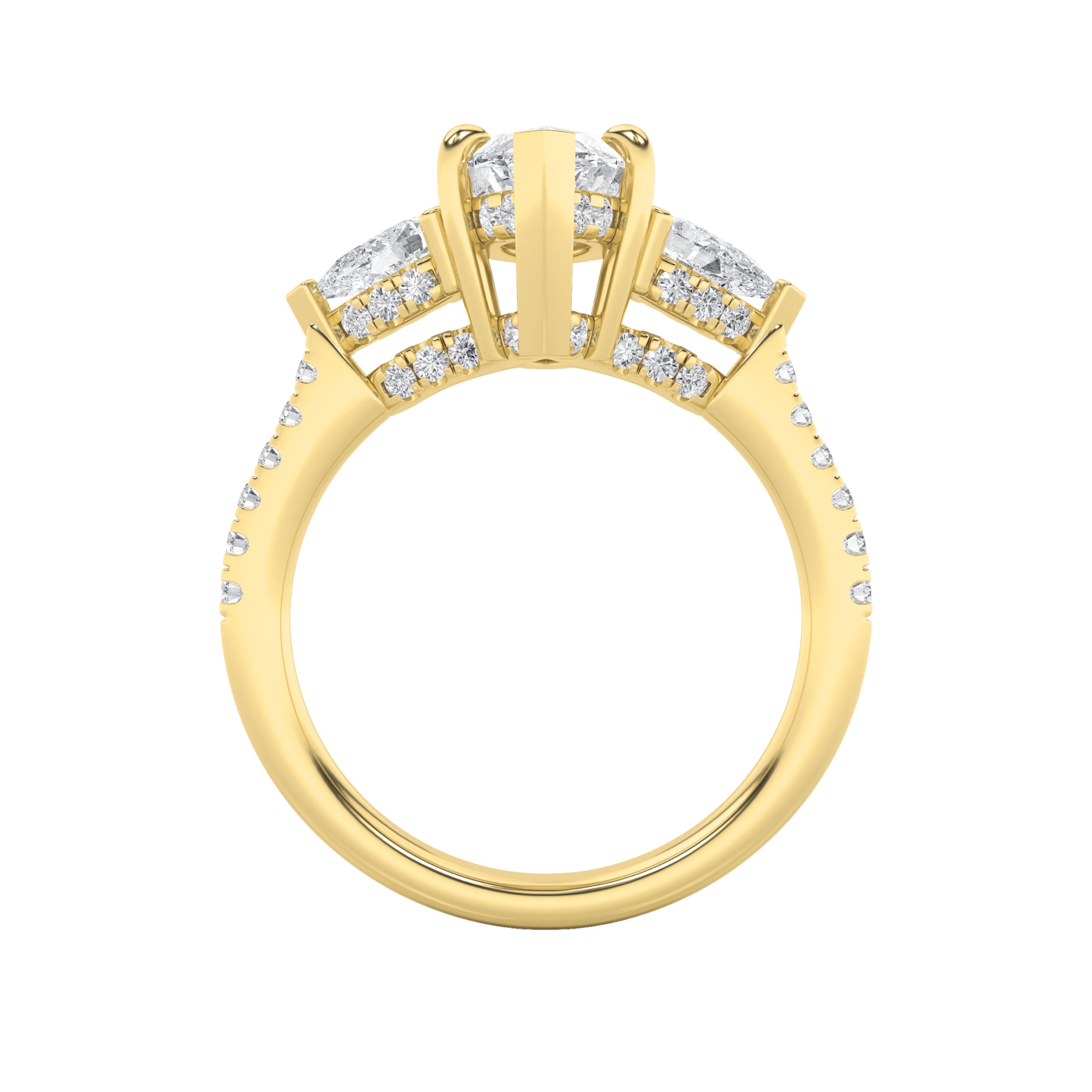 3CTW Marquise Shaped Lab Grown Diamond (F/VS) Three Stone Accented Engagement Ring in 14K Gold