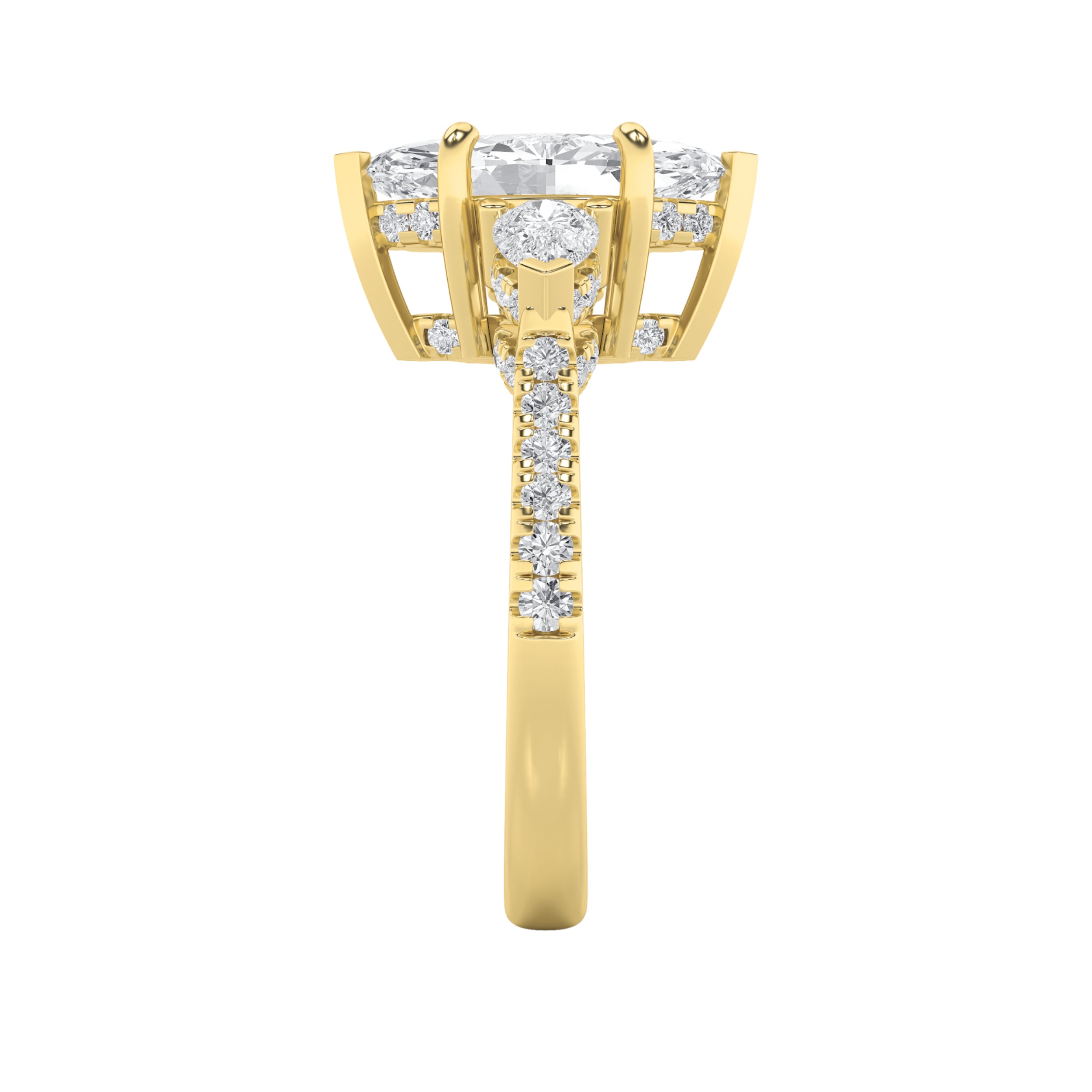 3CTW Marquise Shaped Lab Grown Diamond (F/VS) Three Stone Accented Engagement Ring in 14K Gold