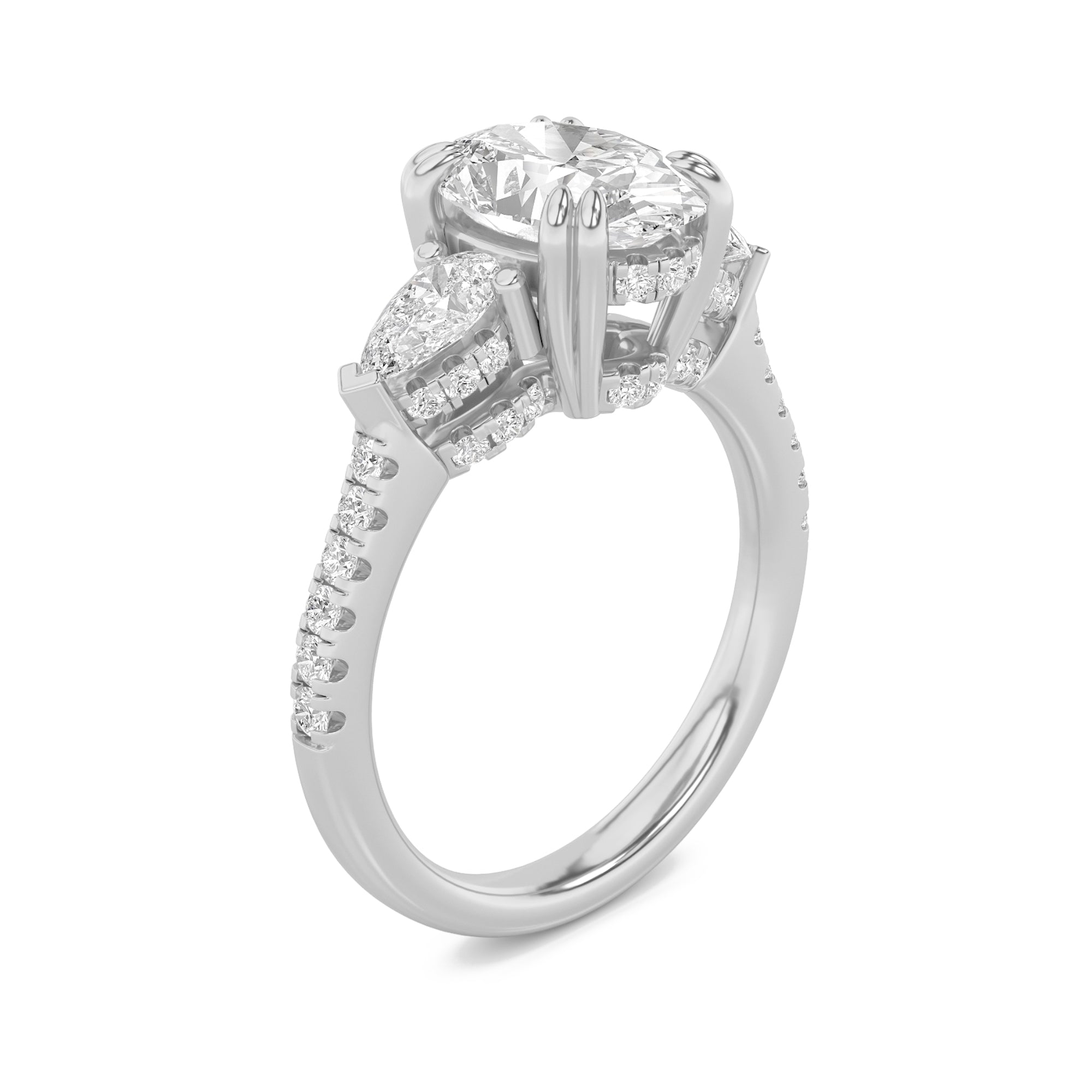 3CTW Oval Shaped Lab Grown Diamond (G/VS) Three Stone Accented Engagement Ring in 14K Gold