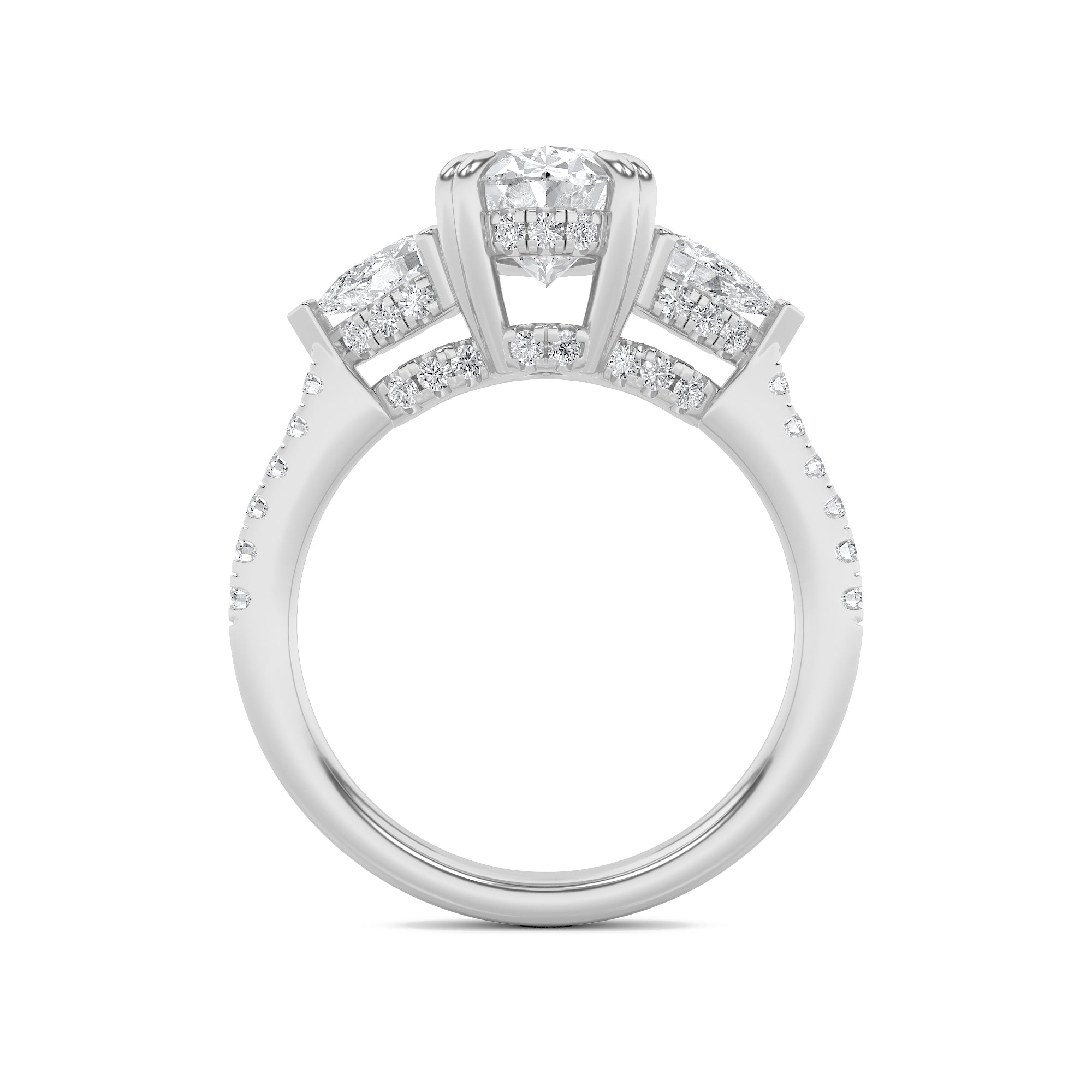 3CTW Oval Shaped Lab Grown Diamond (G/VS) Three Stone Accented Engagement Ring in 14K Gold