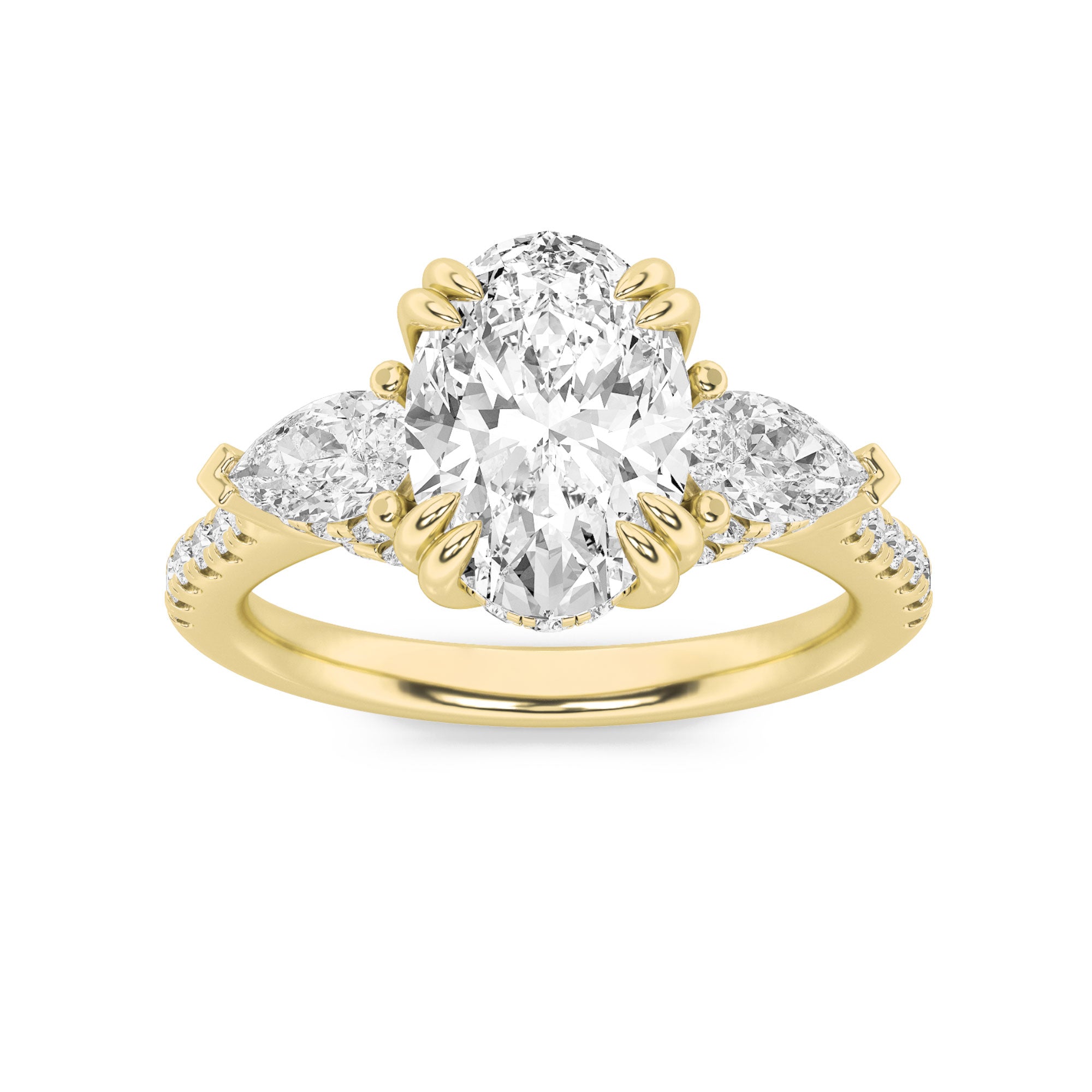 3CTW Oval Shaped Lab Grown Diamond (F/VS) Three Stone Accented Engagement Ring in 14K Gold