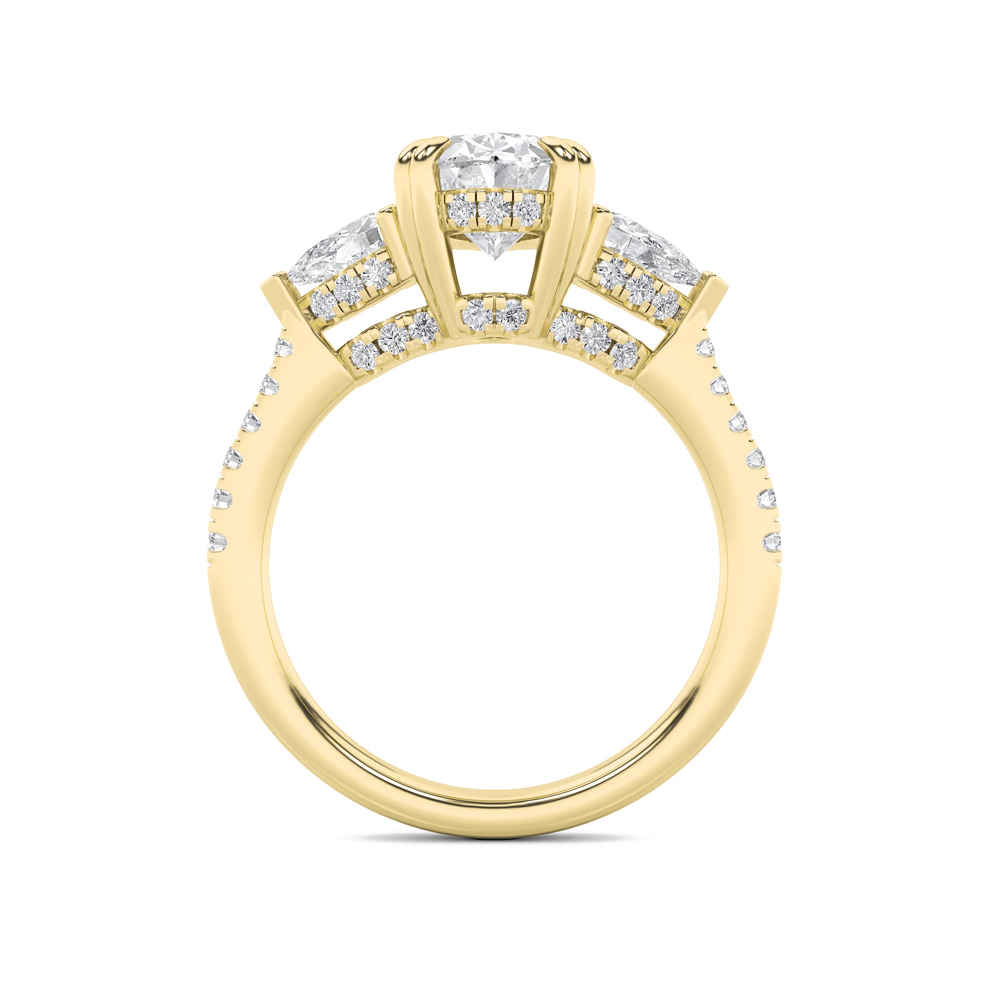 3CTW Oval Shaped Lab Grown Diamond (F/VS) Three Stone Accented Engagement Ring in 14K Gold