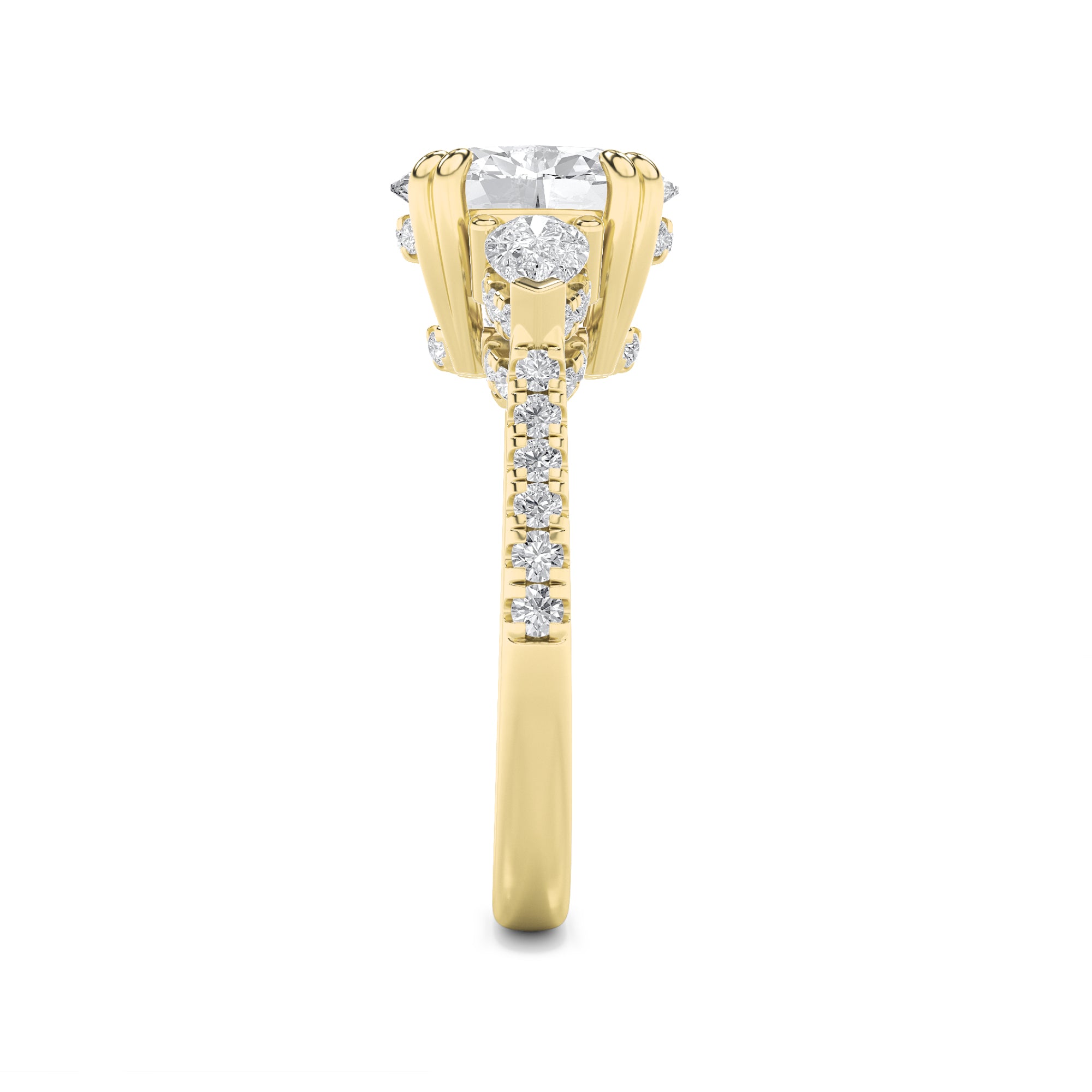 3CTW Oval Shaped Lab Grown Diamond (F/VS) Three Stone Accented Engagement Ring in 14K Gold