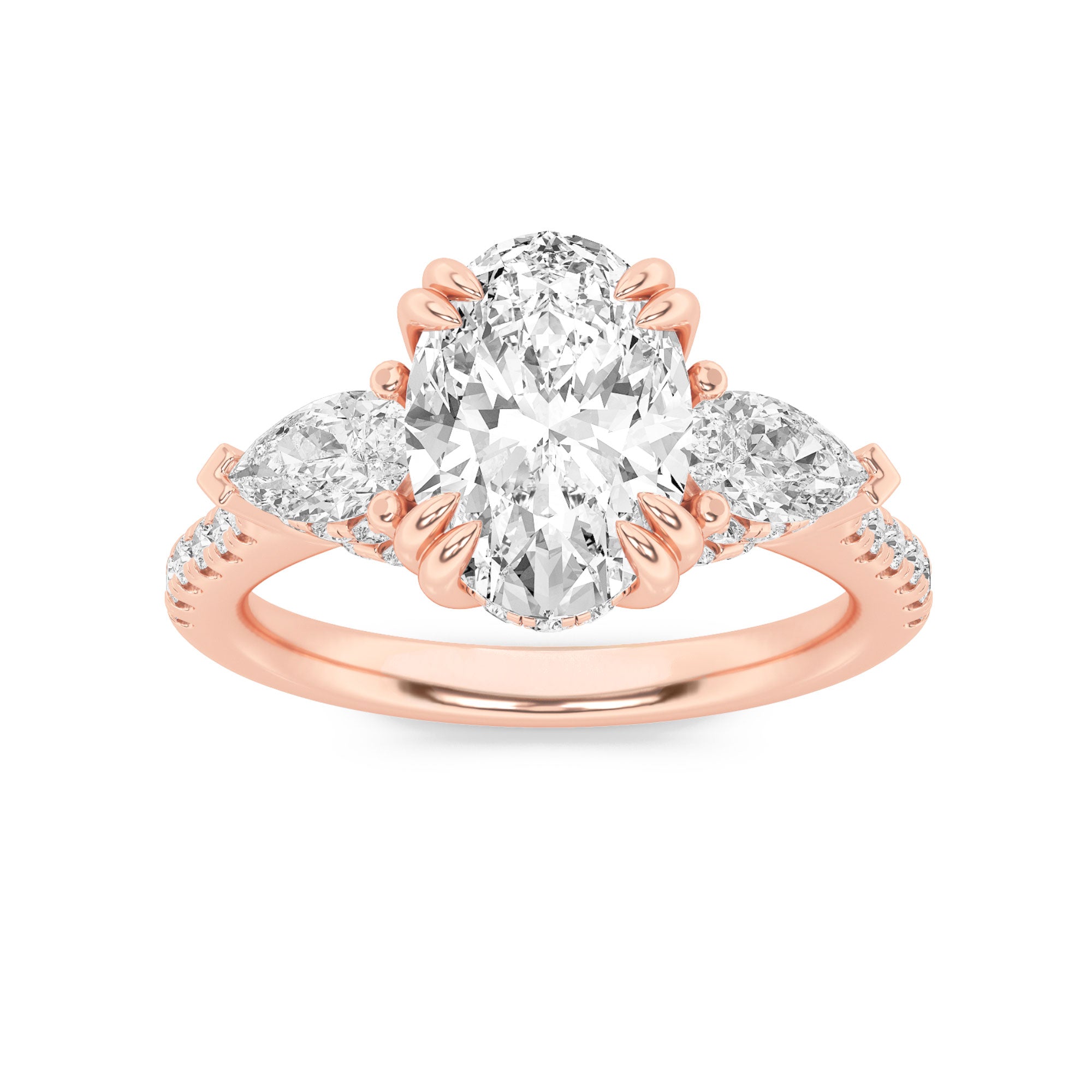3CTW Oval Shaped Lab Grown Diamond (F/VS) Three Stone Accented Engagement Ring in 14K Gold