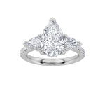 3CTW Pear Shaped Lab Grown Diamond (F/VS) Three Stone Accented Engagement Ring in 14K Gold