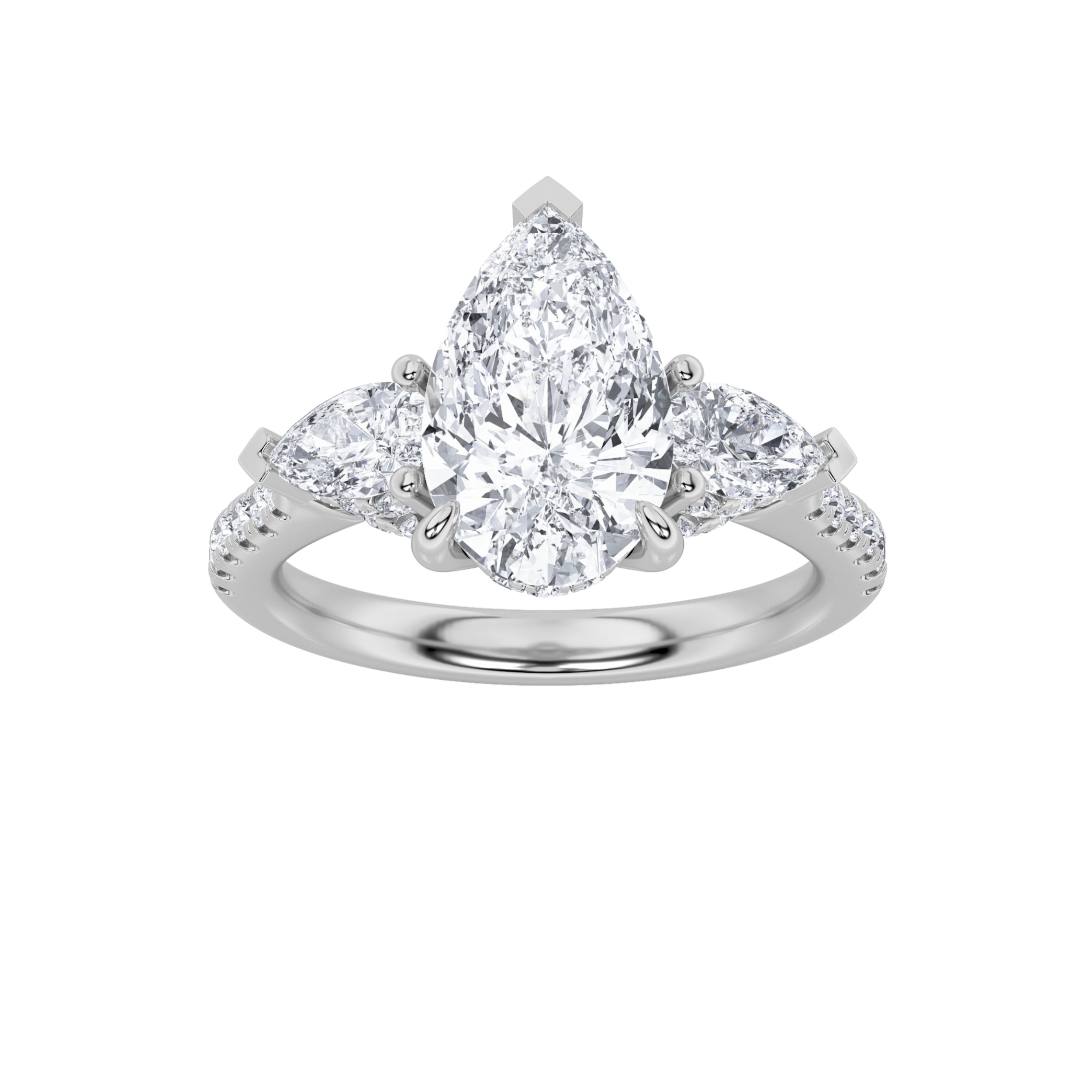 3CTW Pear Shaped Lab Grown Diamond (F/VS) Three Stone Accented Engagement Ring in 14K Gold