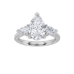 3CTW Pear Shaped Lab Grown Diamond (F/VS) Three Stone Accented Engagement Ring in 14K Gold