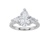 3CTW Pear Shaped Lab Grown Diamond (F/VS) Three Stone Accented Engagement Ring in 14K Gold