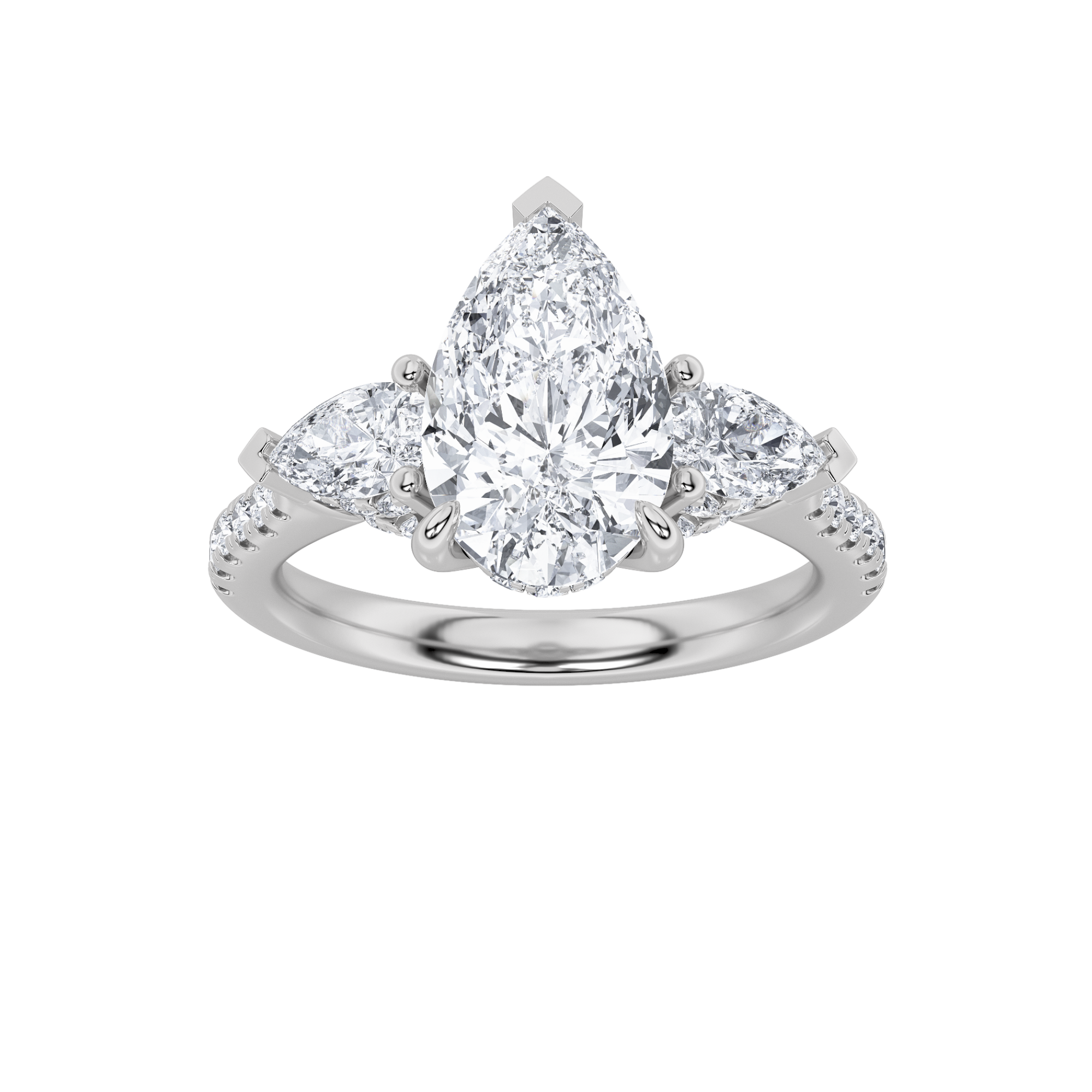 3CTW Pear Shaped Lab Grown Diamond (F/VS) Three Stone Accented Engagement Ring in 14K Gold