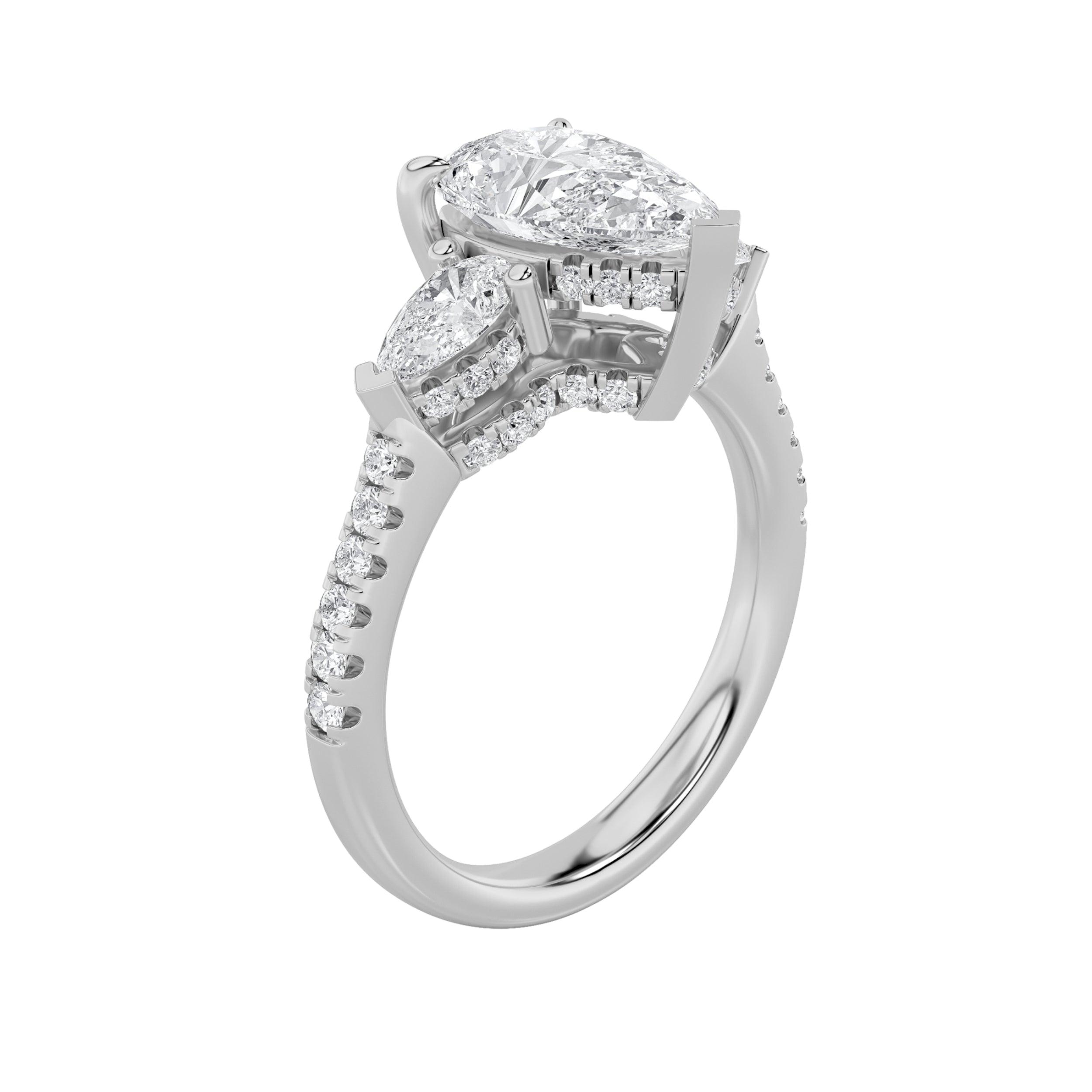 3CTW Pear Shaped Lab Grown Diamond (F/VS) Three Stone Accented Engagement Ring in 14K Gold