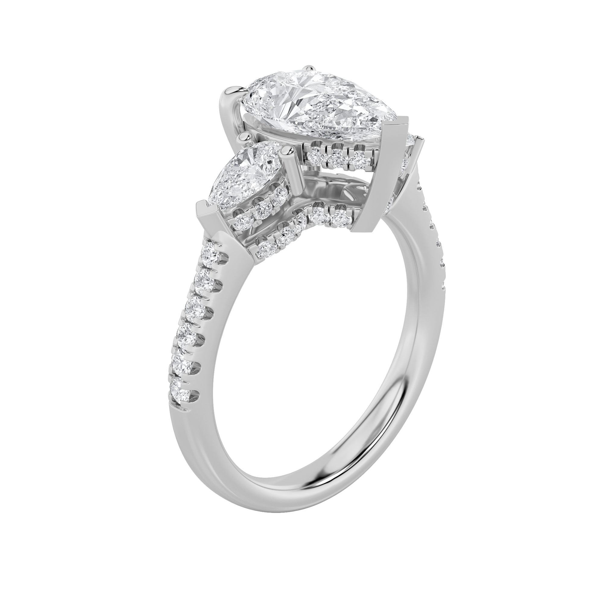 3CTW Pear Shaped Lab Grown Diamond (F/VS) Three Stone Accented Engagement Ring in 14K Gold