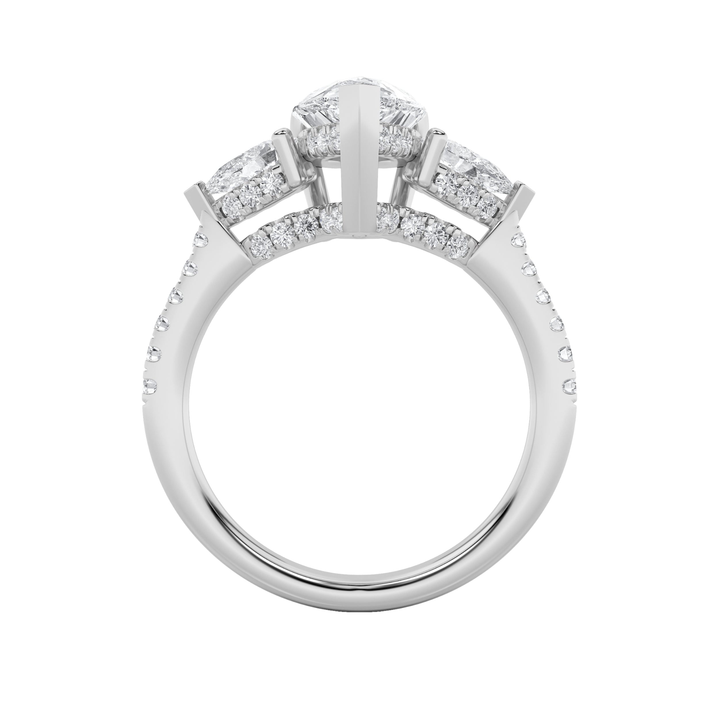 3CTW Pear Shaped Lab Grown Diamond (F/VS) Three Stone Accented Engagement Ring in 14K Gold