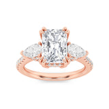 3CTW Radiant Shaped Lab Grown Diamond (F/VS) Accented Three Stone Ring in 14K Gold