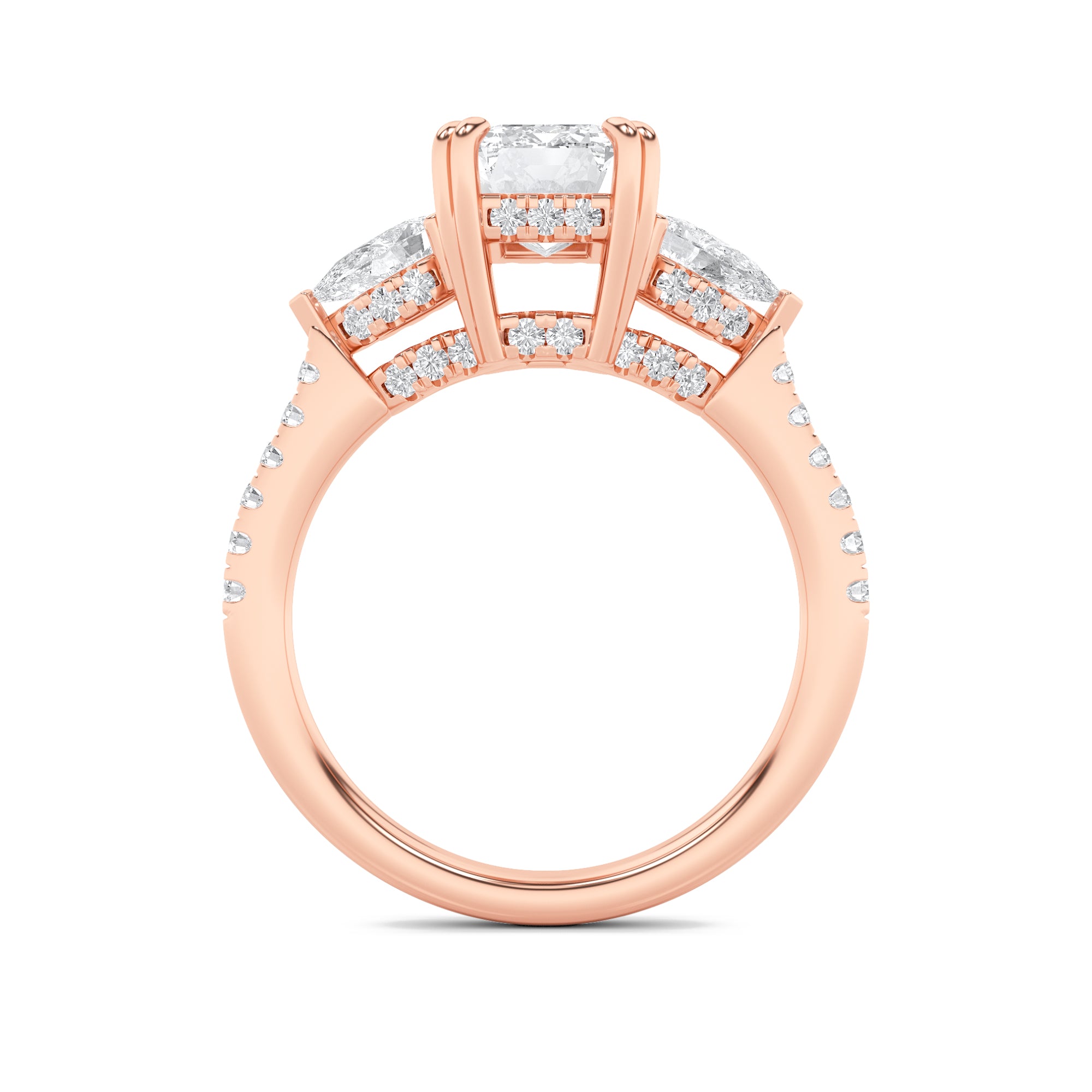 3CTW Radiant Shaped Lab Grown Diamond (F/VS) Accented Three Stone Ring in 14K Gold