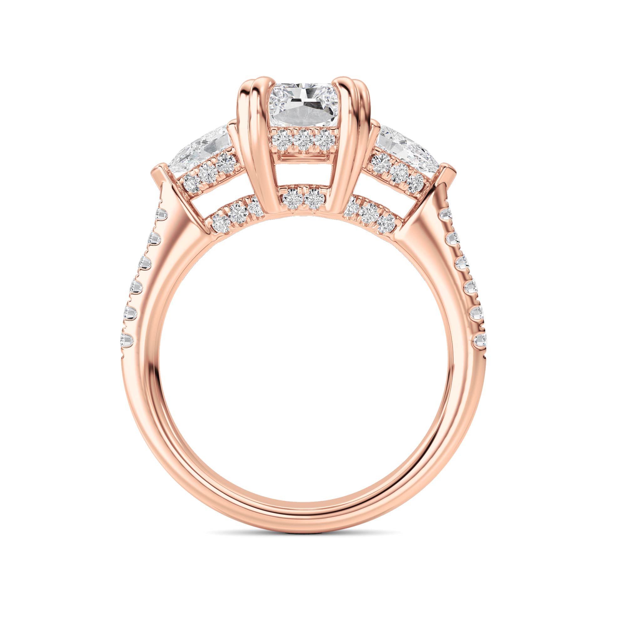 3CTW Radiant Shaped Lab Grown Diamond (F/VS) Accented Three Stone Ring in 14K Gold