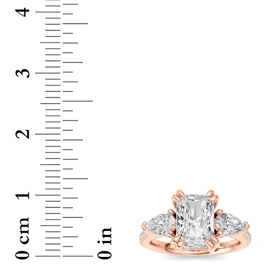 3CTW Radiant Shaped Lab Grown Diamond (F/VS) Accented Three Stone Ring in 14K Gold