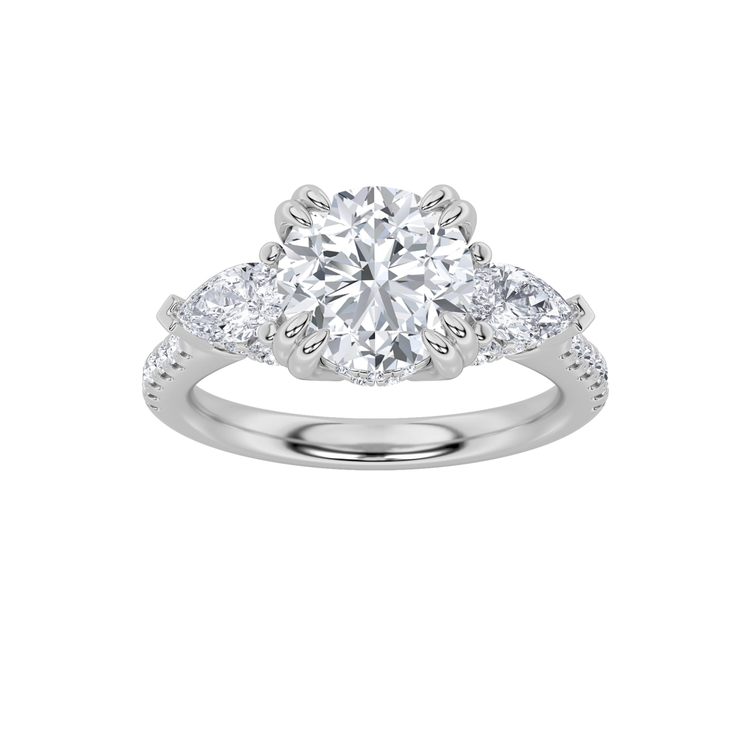 3CTW Round Shaped Lab Grown Diamond (F/VS) Three Stone Accented Engagement Ring in 14K Gold