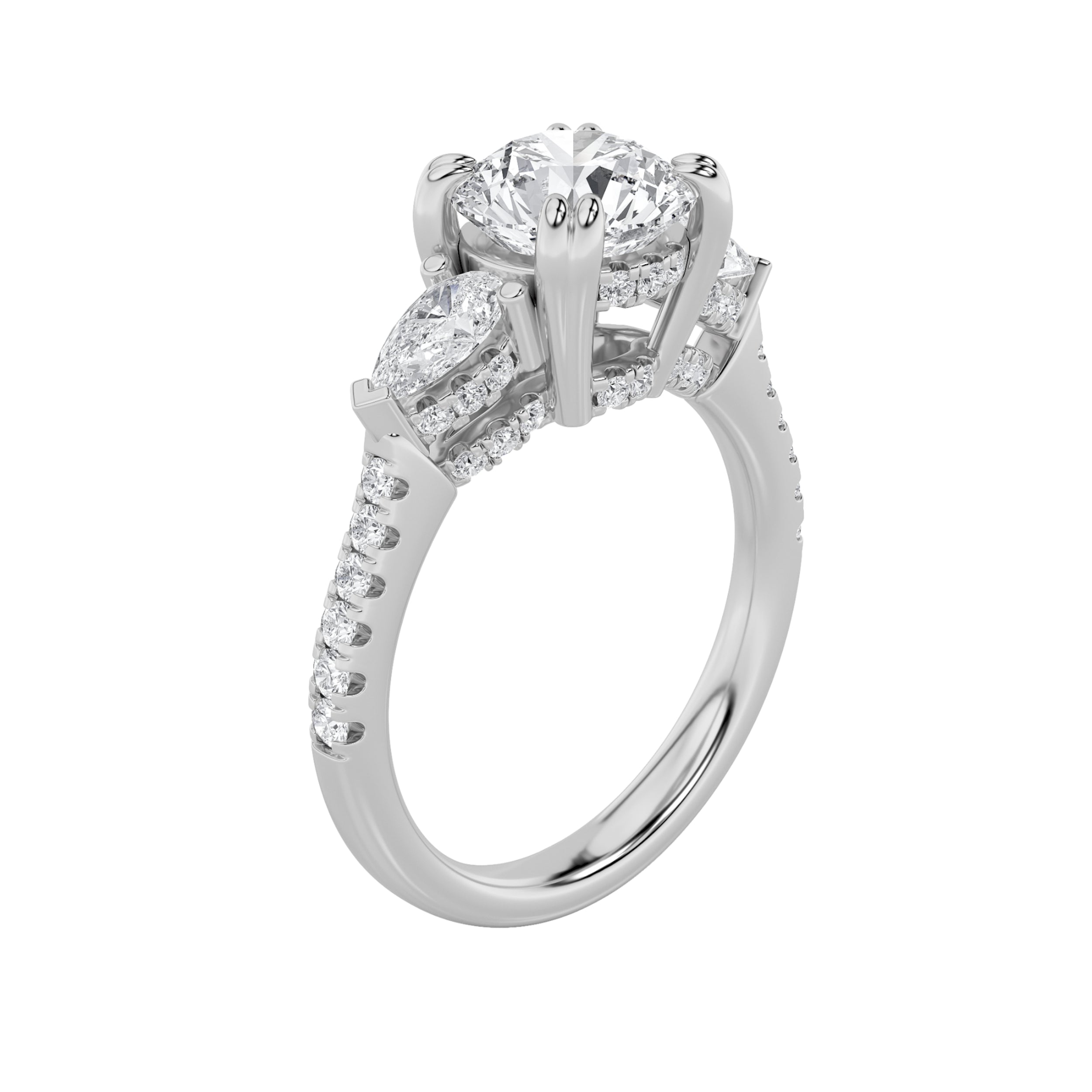 3CTW Round Shaped Lab Grown Diamond (F/VS) Three Stone Accented Engagement Ring in 14K Gold