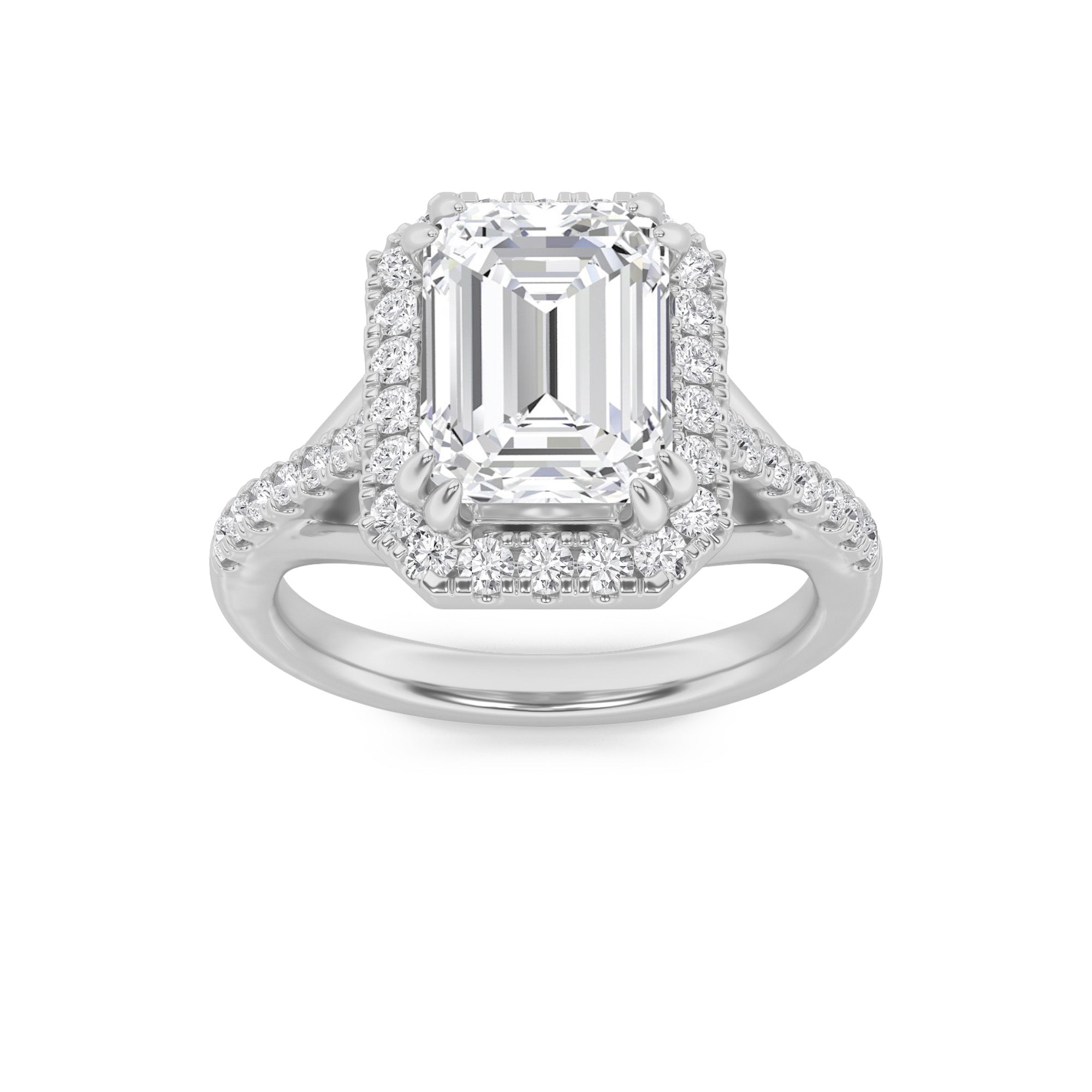 3CTW Emerald Shaped Lab Grown Diamond (F/VS) Halo Accented Engagement Ring in 14K Gold