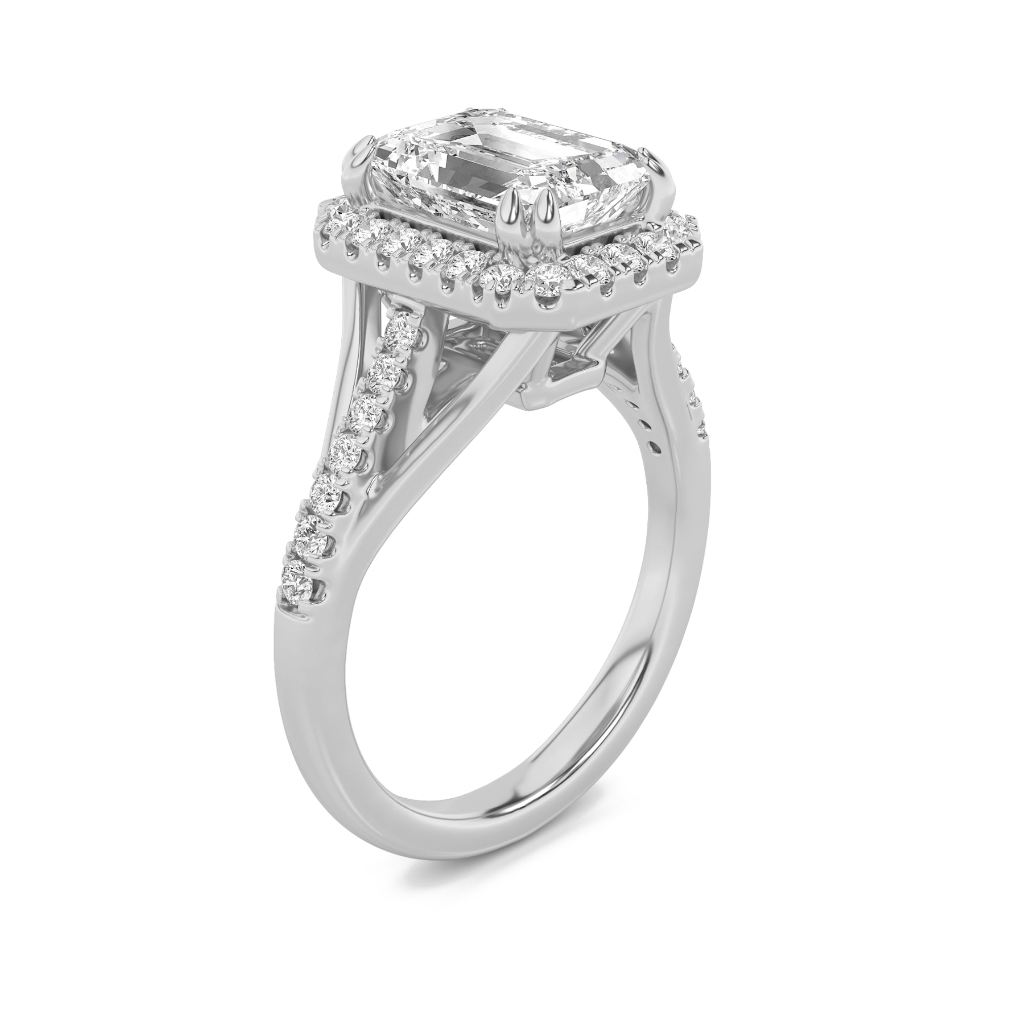 3CTW Emerald Shaped Lab Grown Diamond (F/VS) Halo Accented Engagement Ring in 14K Gold