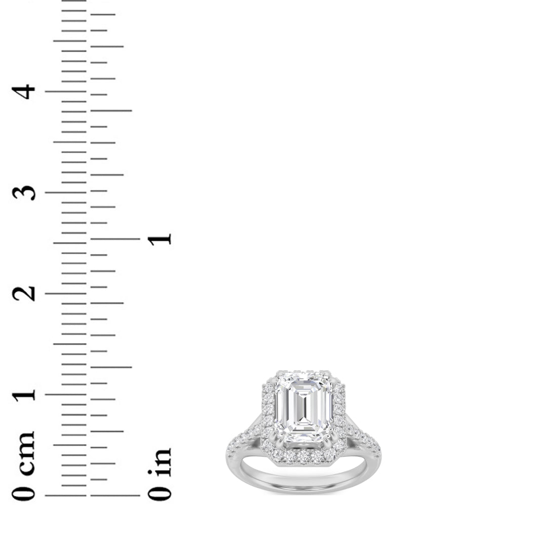 3CTW Emerald Shaped Lab Grown Diamond (F/VS) Halo Accented Engagement Ring in 14K Gold