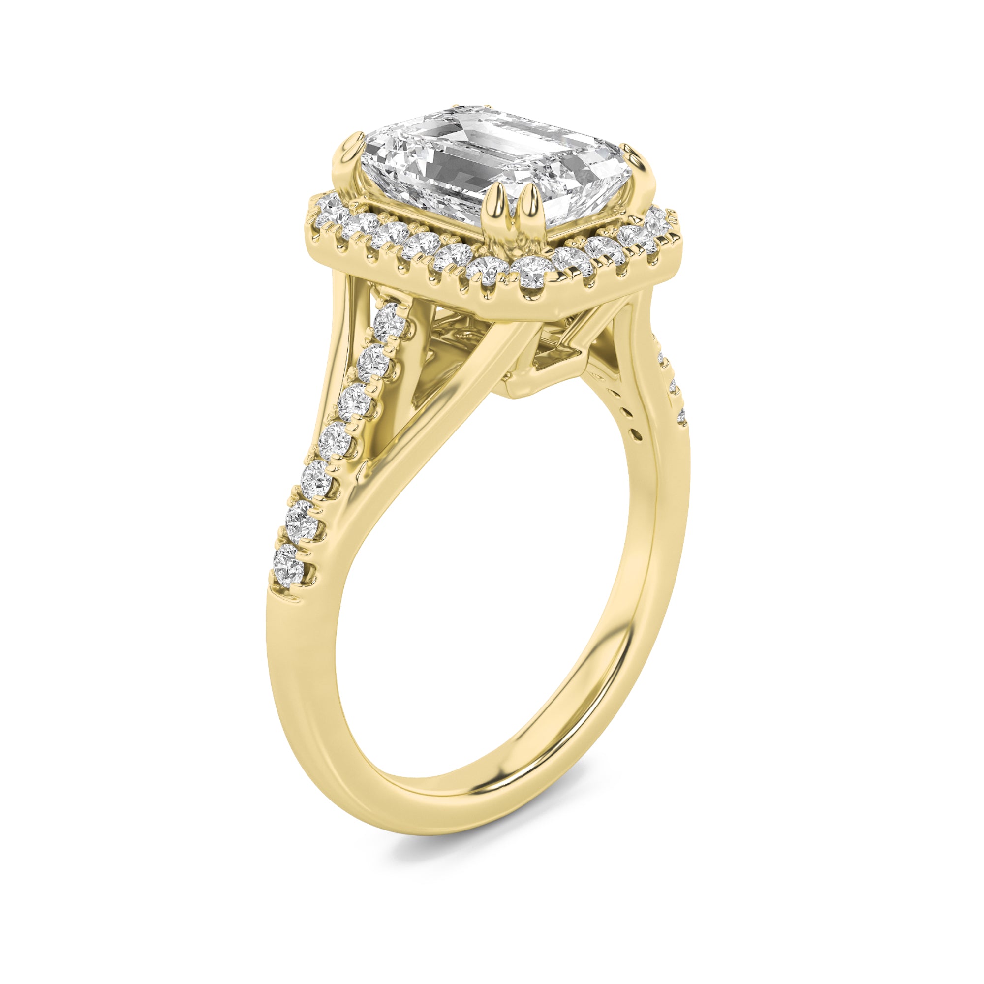 3CTW Emerald Shaped Lab Grown Diamond (F/VS) Halo Accented Engagement Ring in 14K Gold