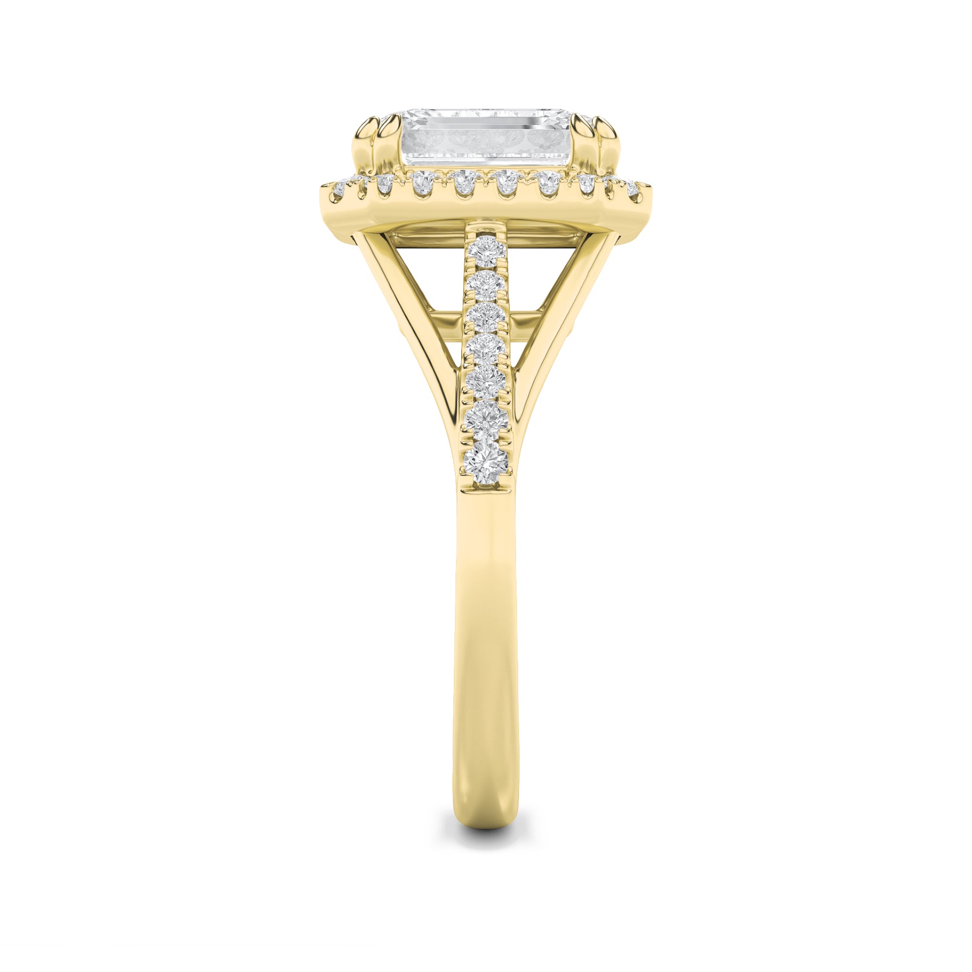 3CTW Emerald Shaped Lab Grown Diamond (F/VS) Halo Accented Engagement Ring in 14K Gold