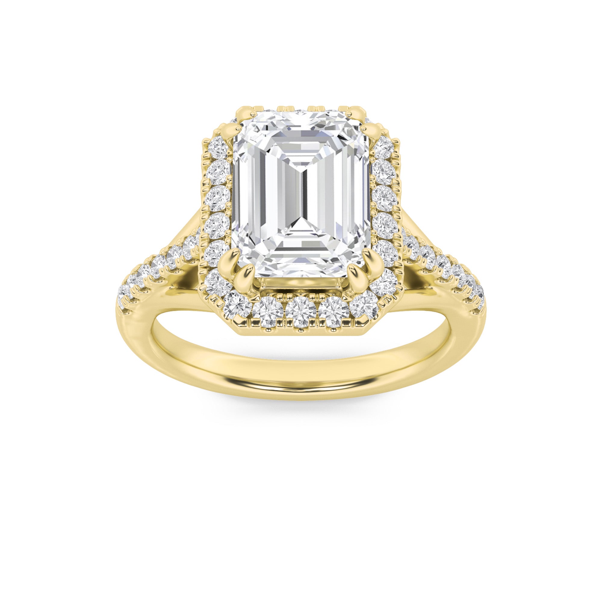 3CTW Emerald Shaped Lab Grown Diamond (F/VS) Halo Accented Engagement Ring in 14K Gold