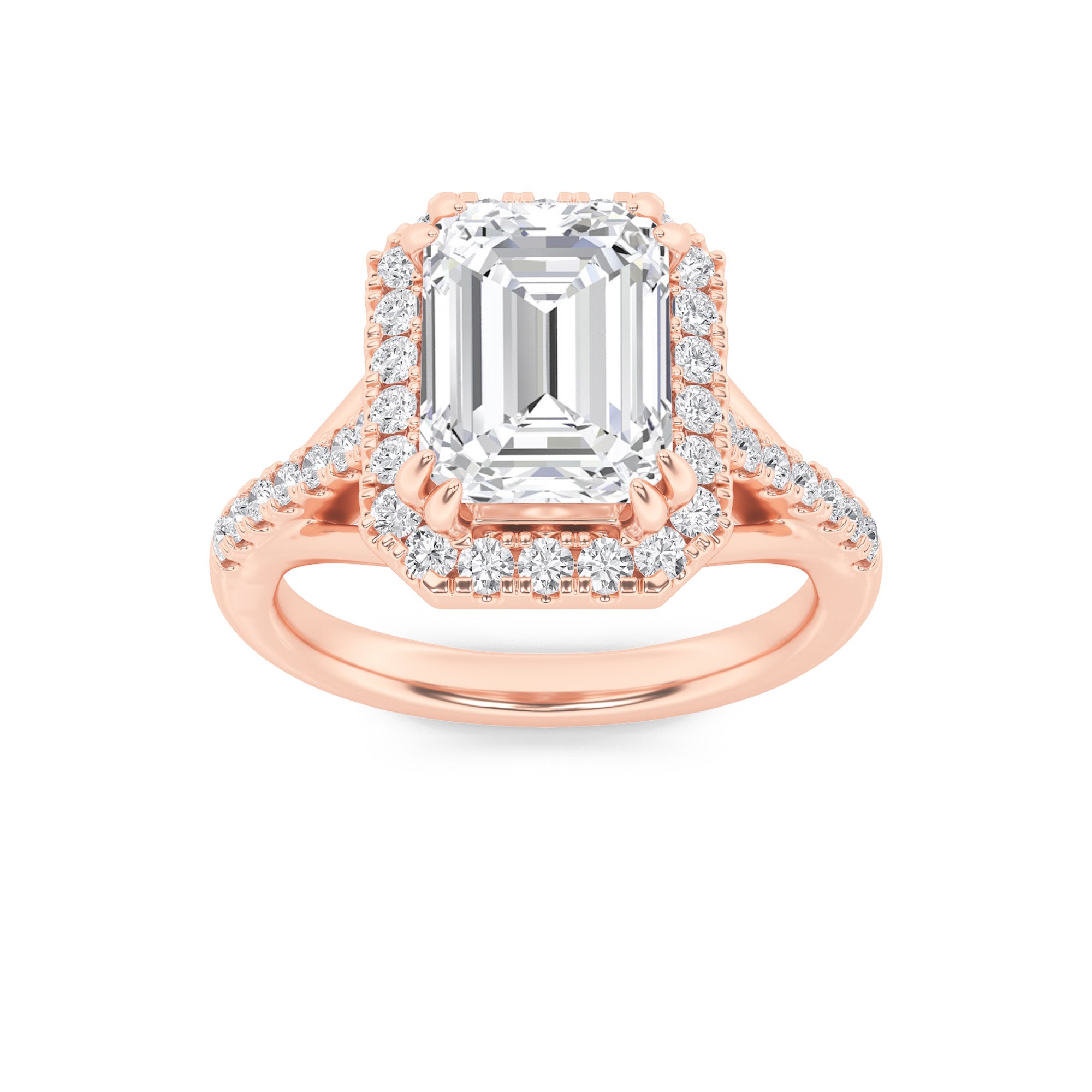 3CTW Emerald Shaped Lab Grown Diamond (F/VS) Halo Accented Engagement Ring in 14K Gold