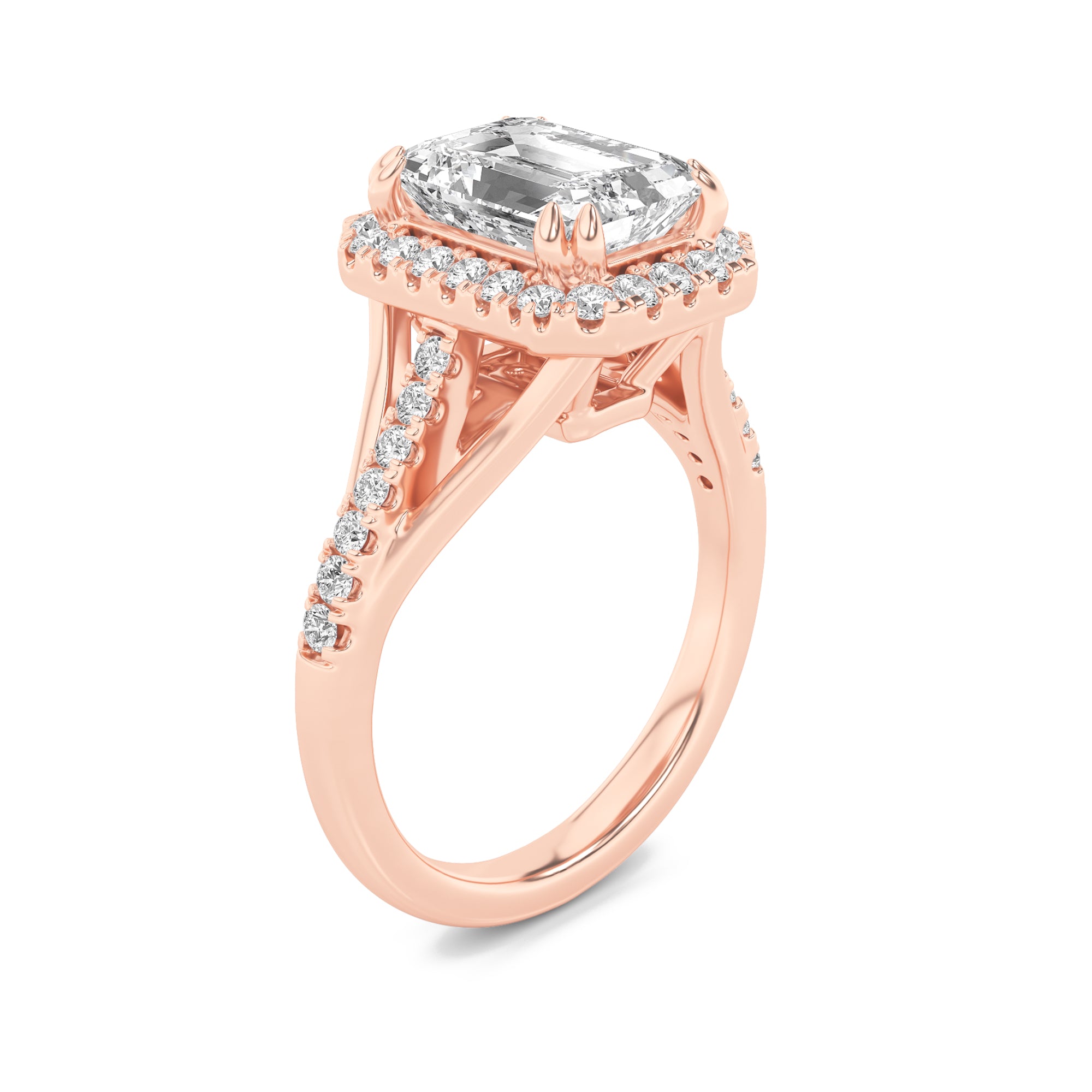 3CTW Emerald Shaped Lab Grown Diamond (F/VS) Halo Accented Engagement Ring in 14K Gold