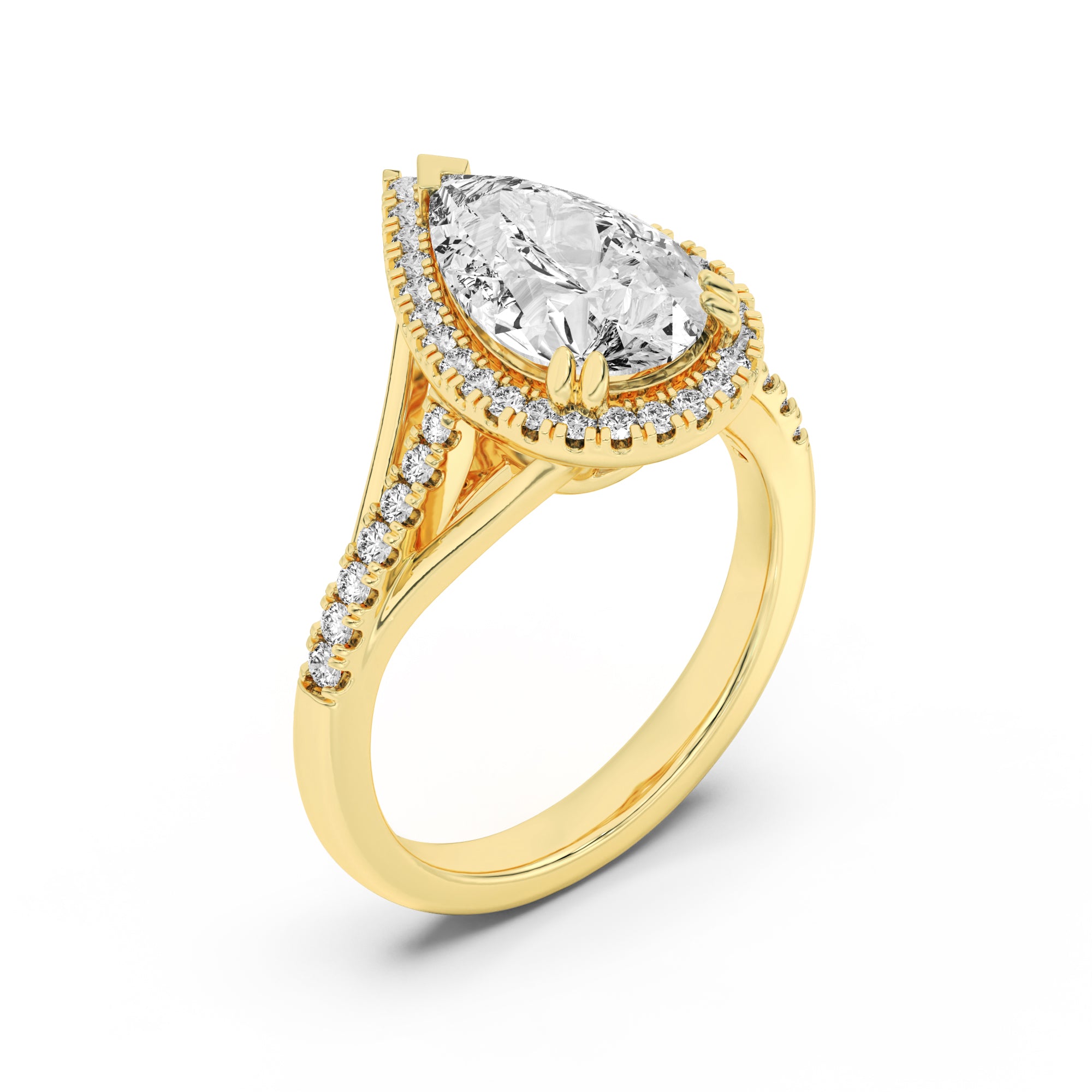 3CTW Pear Shaped Lab Grown Diamond (F/VS) Halo Accented Engagement Ring in 14K Gold