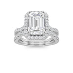 4CTW Emerald Shaped Lab Grown Diamond (F/VS) Split Shank Halo Engagement Ring in 14K Gold
