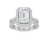 4CTW Emerald Shaped Lab Grown Diamond (F/VS) Split Shank Halo Engagement Ring in 14K Gold