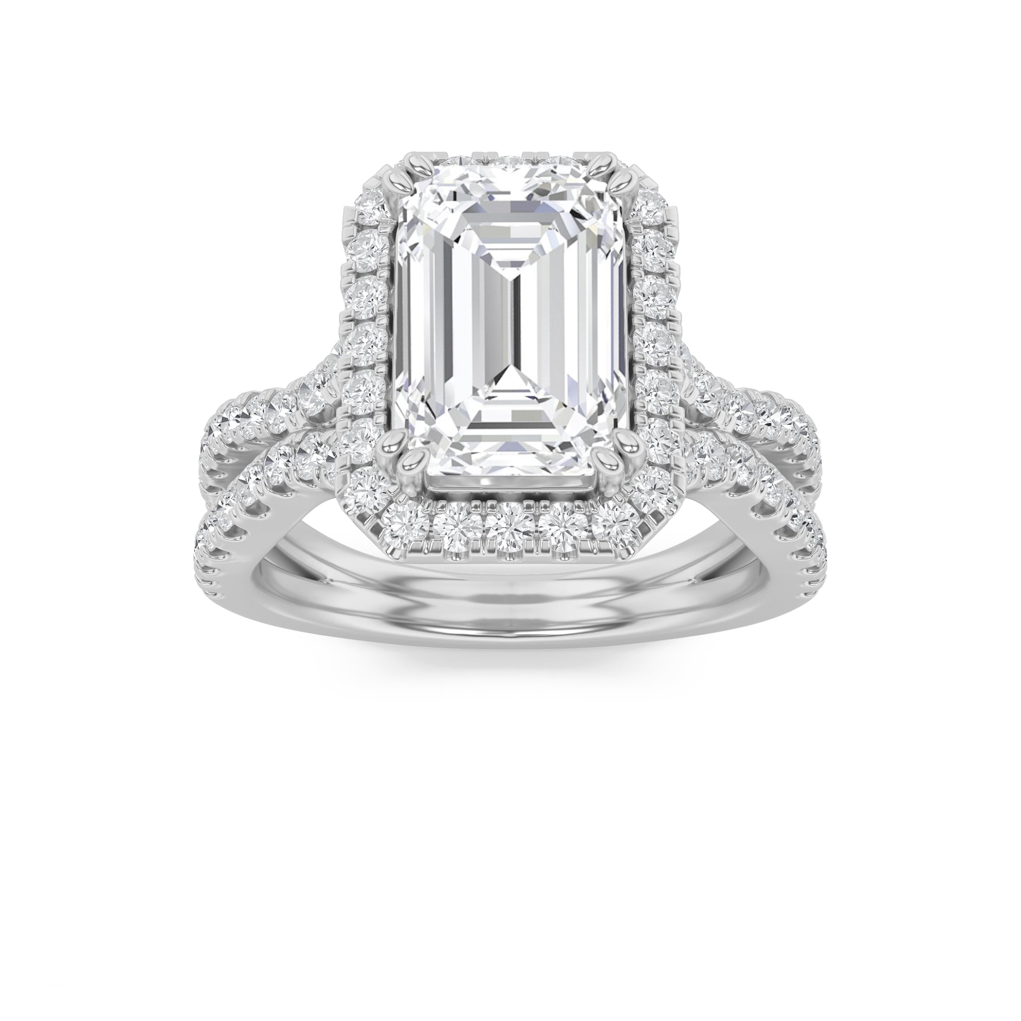 4CTW Emerald Shaped Lab Grown Diamond (F/VS) Split Shank Halo Engagement Ring in 14K Gold