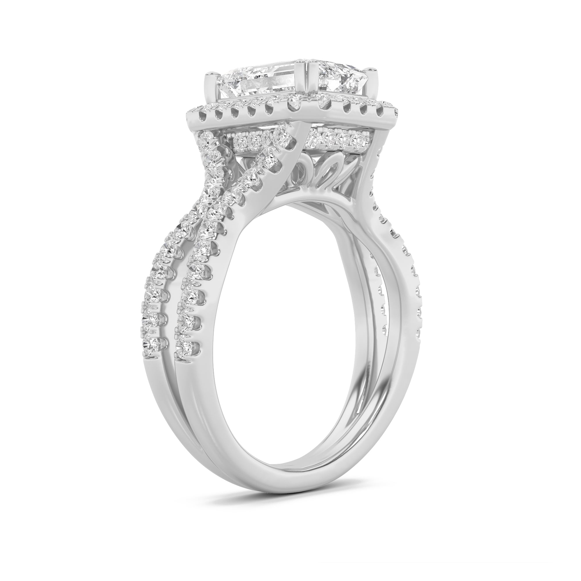 4CTW Emerald Shaped Lab Grown Diamond (F/VS) Split Shank Halo Engagement Ring in 14K Gold