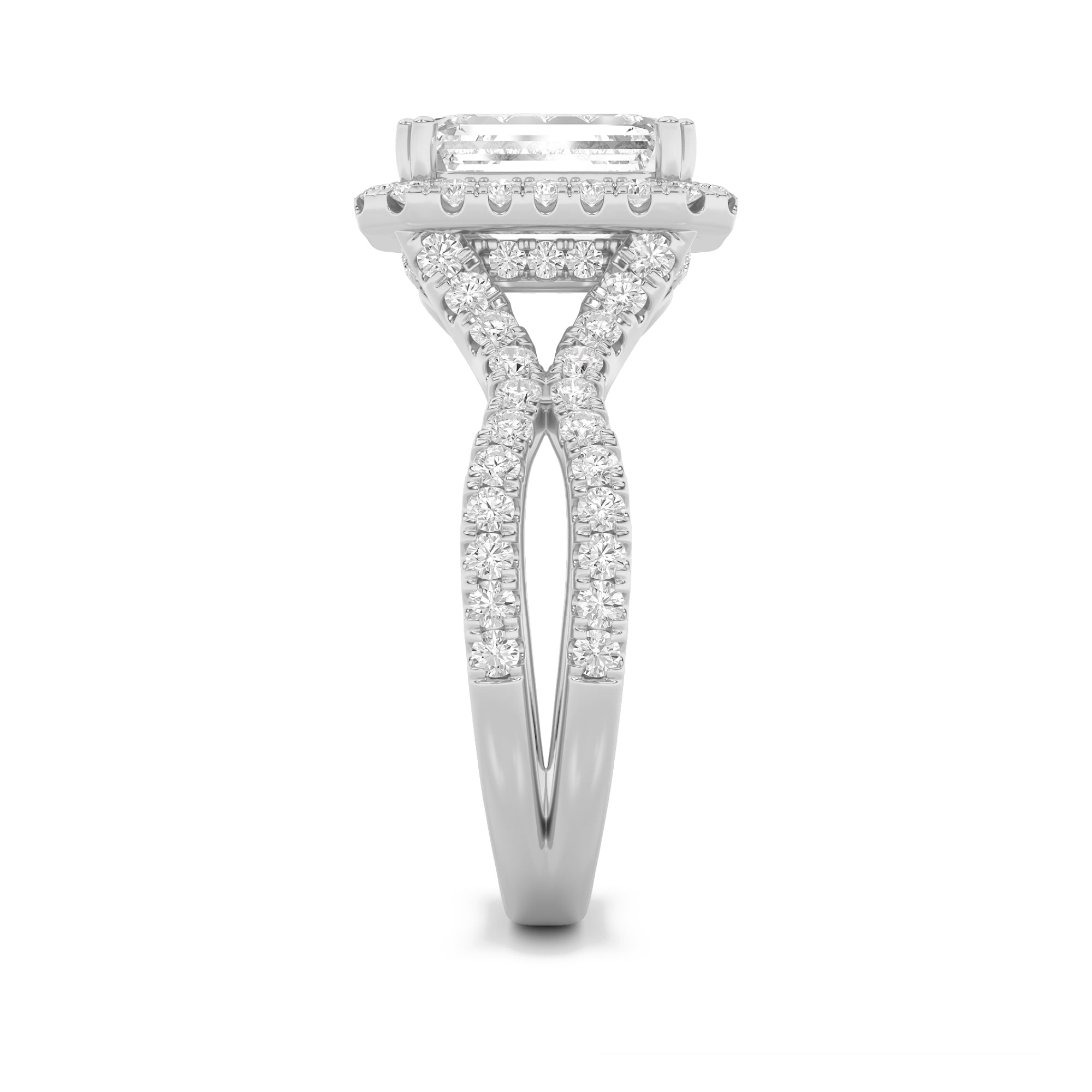 4CTW Emerald Shaped Lab Grown Diamond (F/VS) Split Shank Halo Engagement Ring in 14K Gold