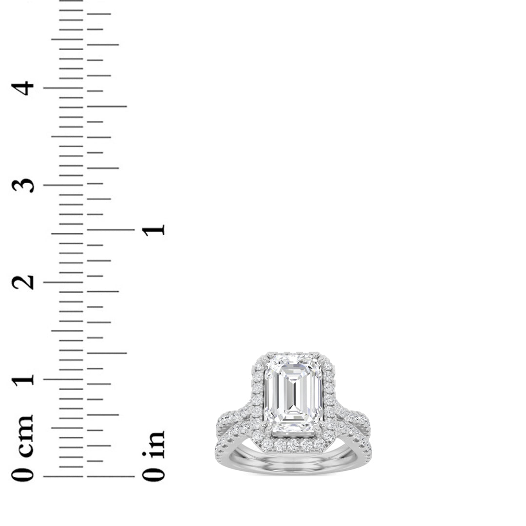 4CTW Emerald Shaped Lab Grown Diamond (F/VS) Split Shank Halo Engagement Ring in 14K Gold