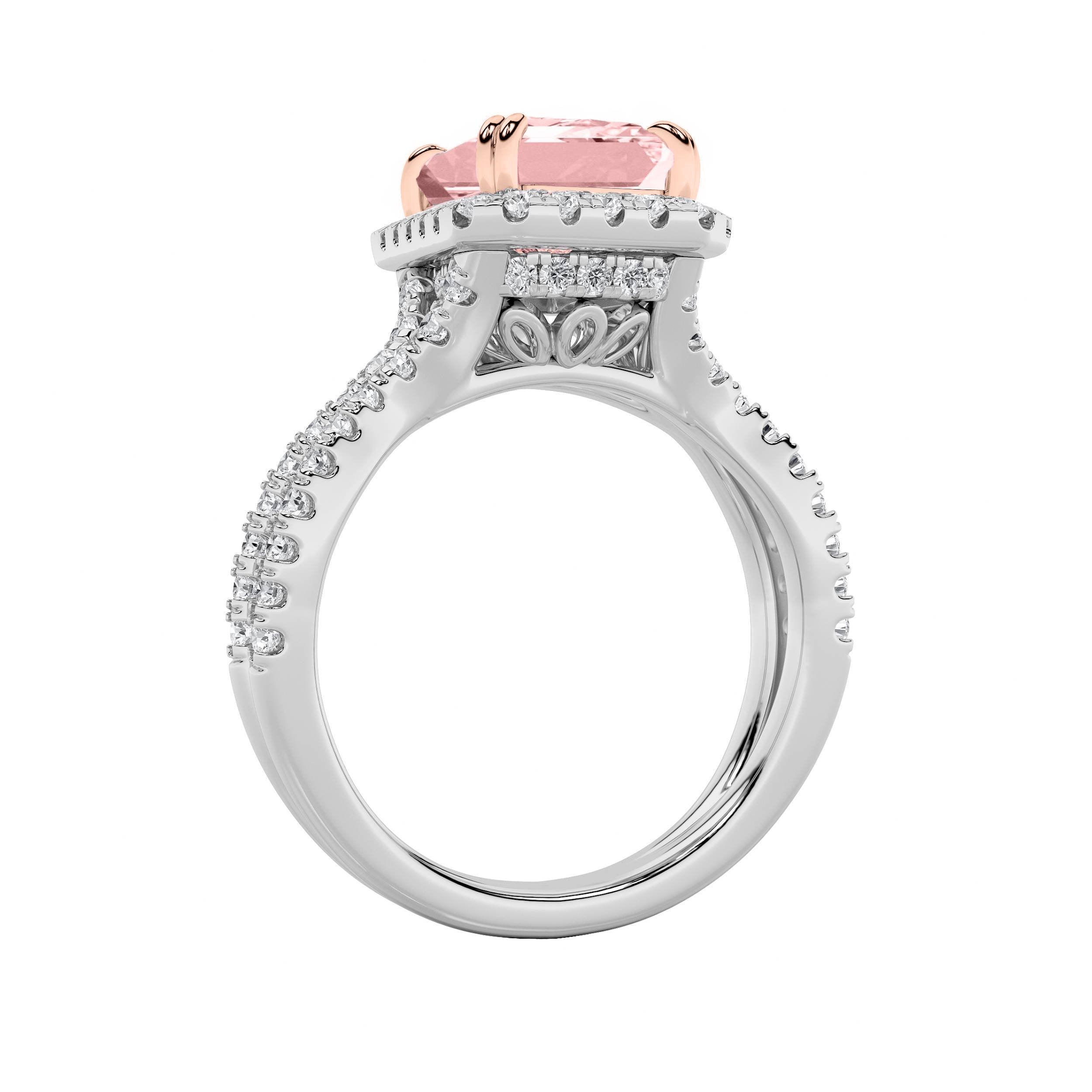 4CTW Emerald Shaped Lab Grown Diamond (F/VS) Split Shank Halo Engagement Ring in 14K Gold