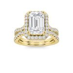 4CTW Emerald Shaped Lab Grown Diamond (F/VS) Split Shank Halo Engagement Ring in 14K Gold
