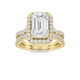 4CTW Emerald Shaped Lab Grown Diamond (F/VS) Split Shank Halo Engagement Ring in 14K Gold