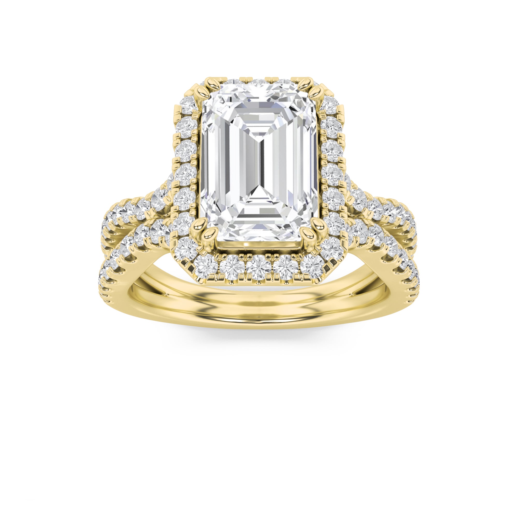 4CTW Emerald Shaped Lab Grown Diamond (F/VS) Split Shank Halo Engagement Ring in 14K Gold
