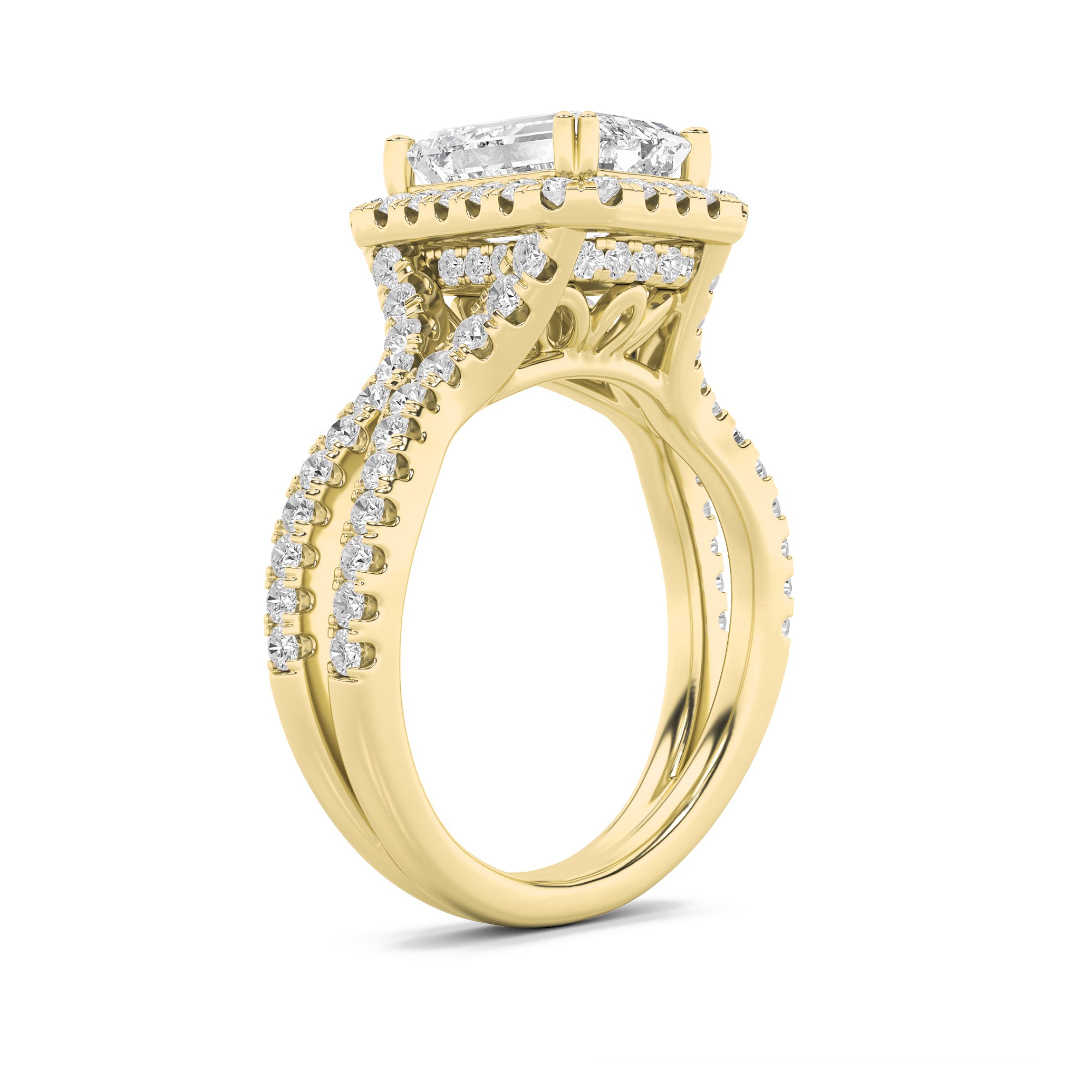 4CTW Emerald Shaped Lab Grown Diamond (F/VS) Split Shank Halo Engagement Ring in 14K Gold