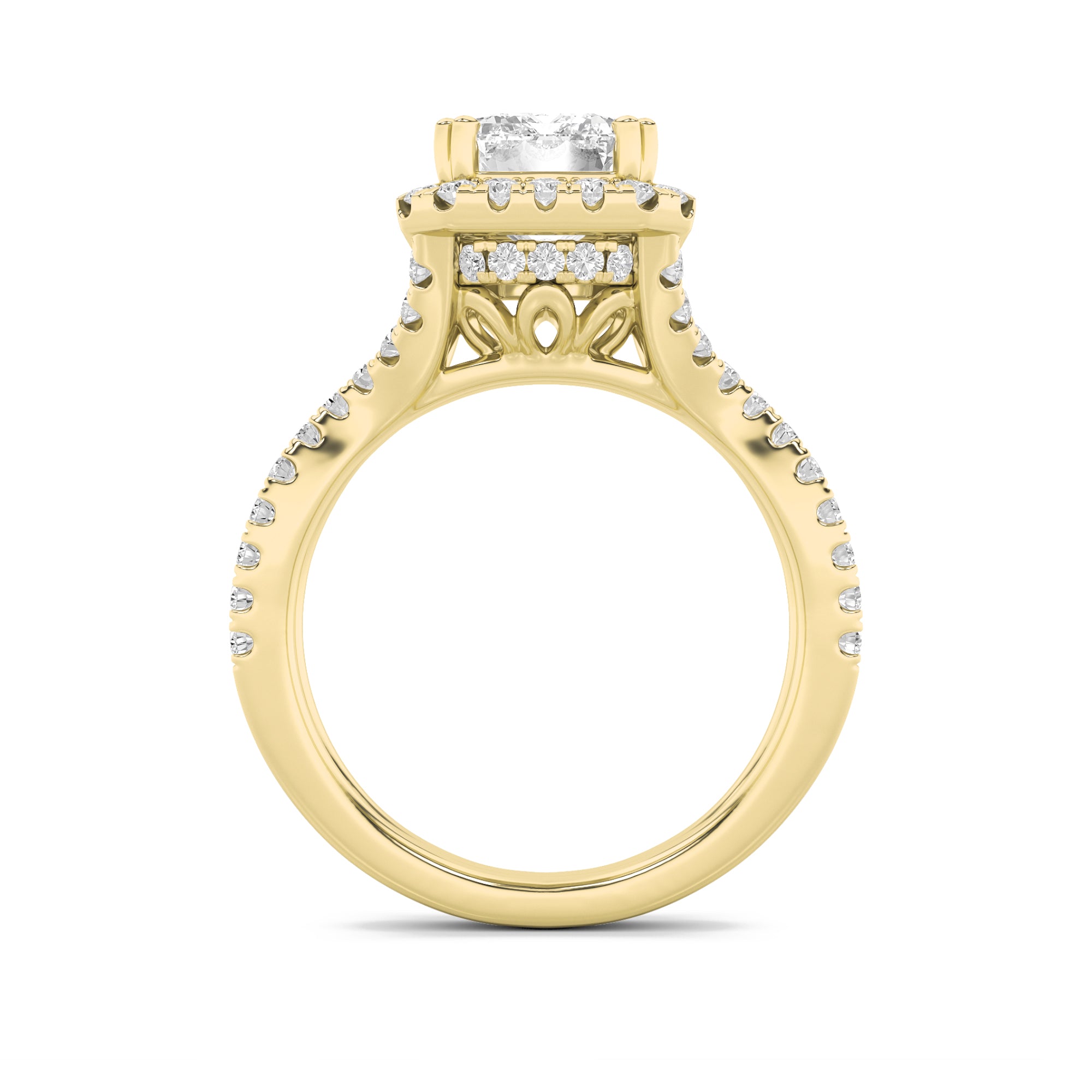4CTW Emerald Shaped Lab Grown Diamond (F/VS) Split Shank Halo Engagement Ring in 14K Gold